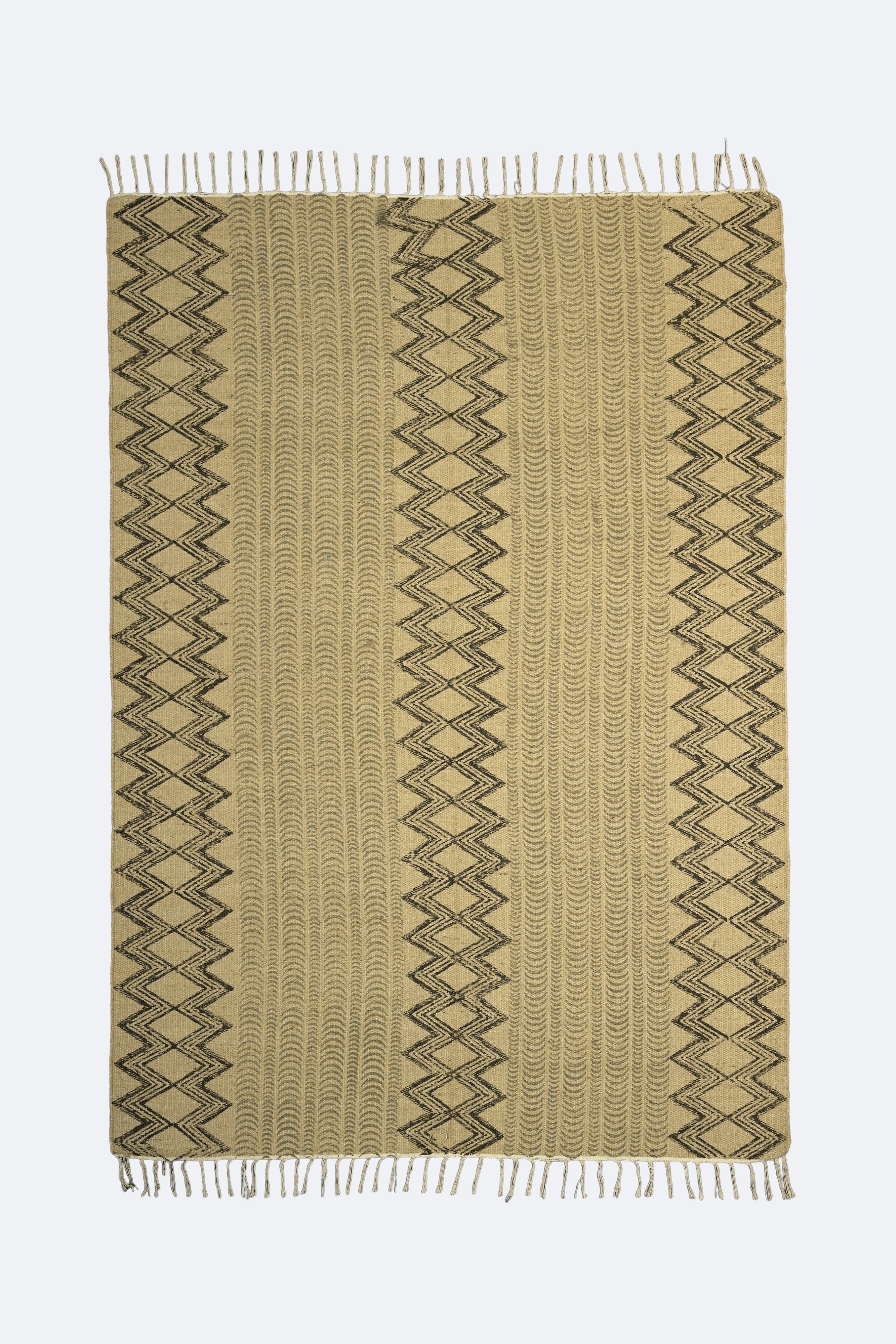 Chevron Stripe Block-Printed Jute Rug – Sand & Black