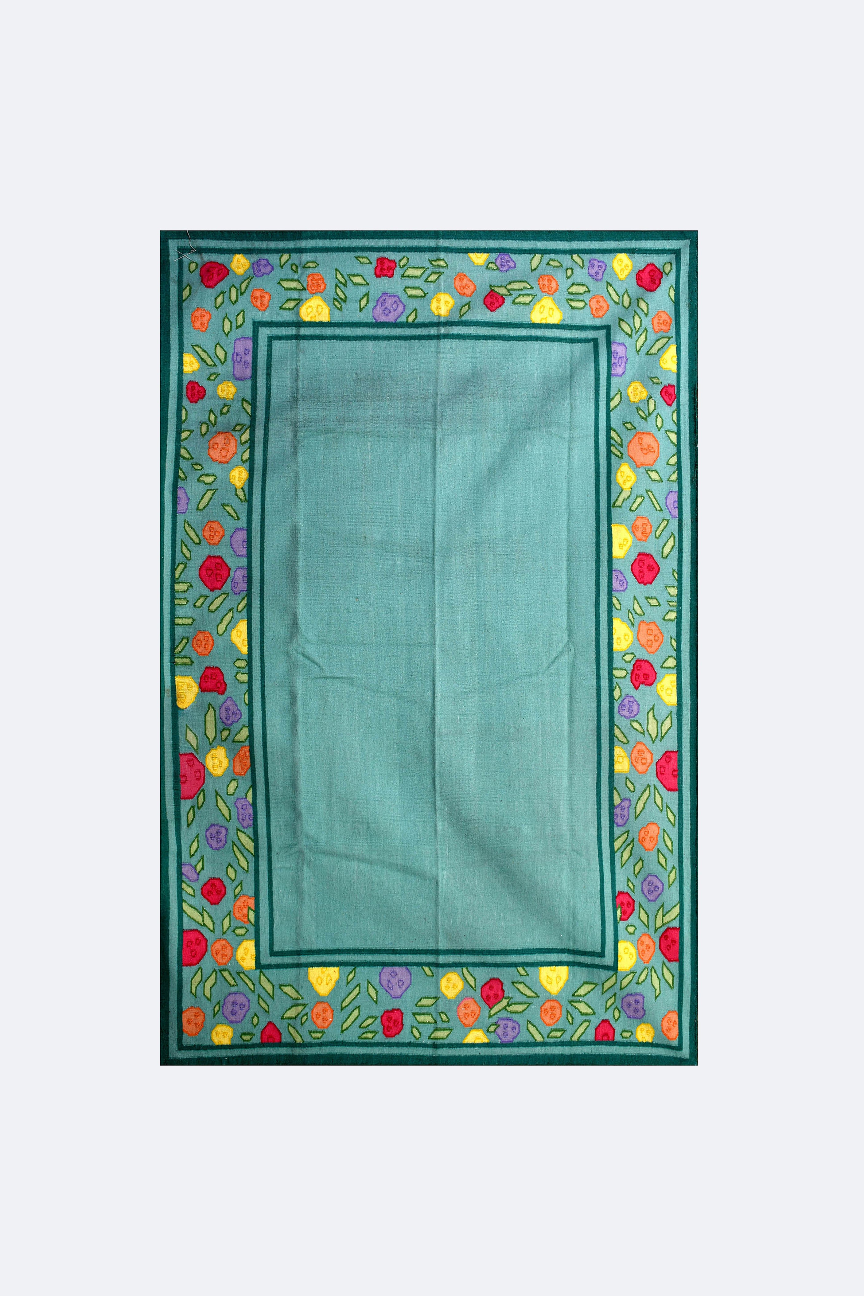 Teal Floral Handwoven Reversible Wool Rug