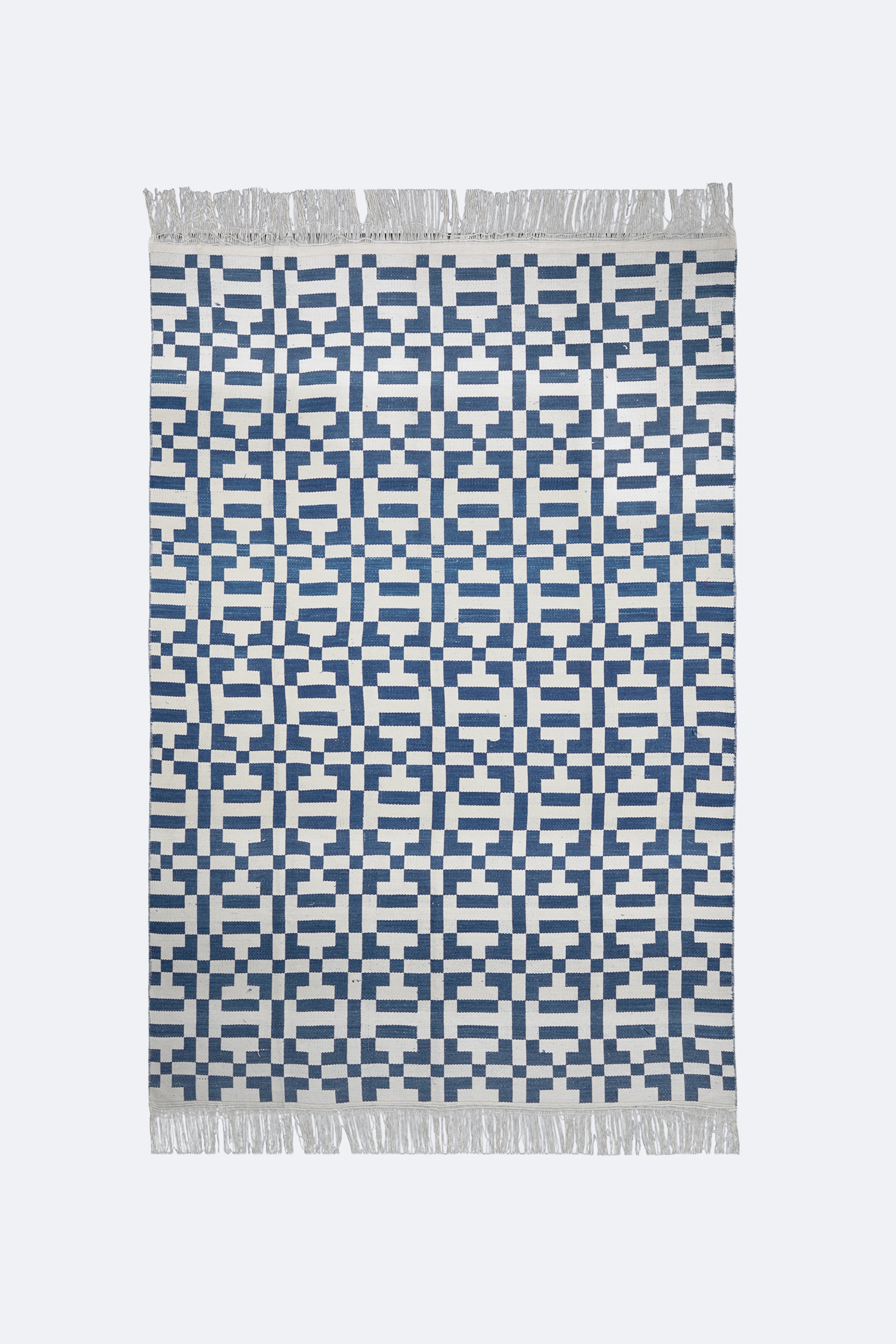 Contemporary Indigo Checkered Reversible Flatweave Cotton Rug