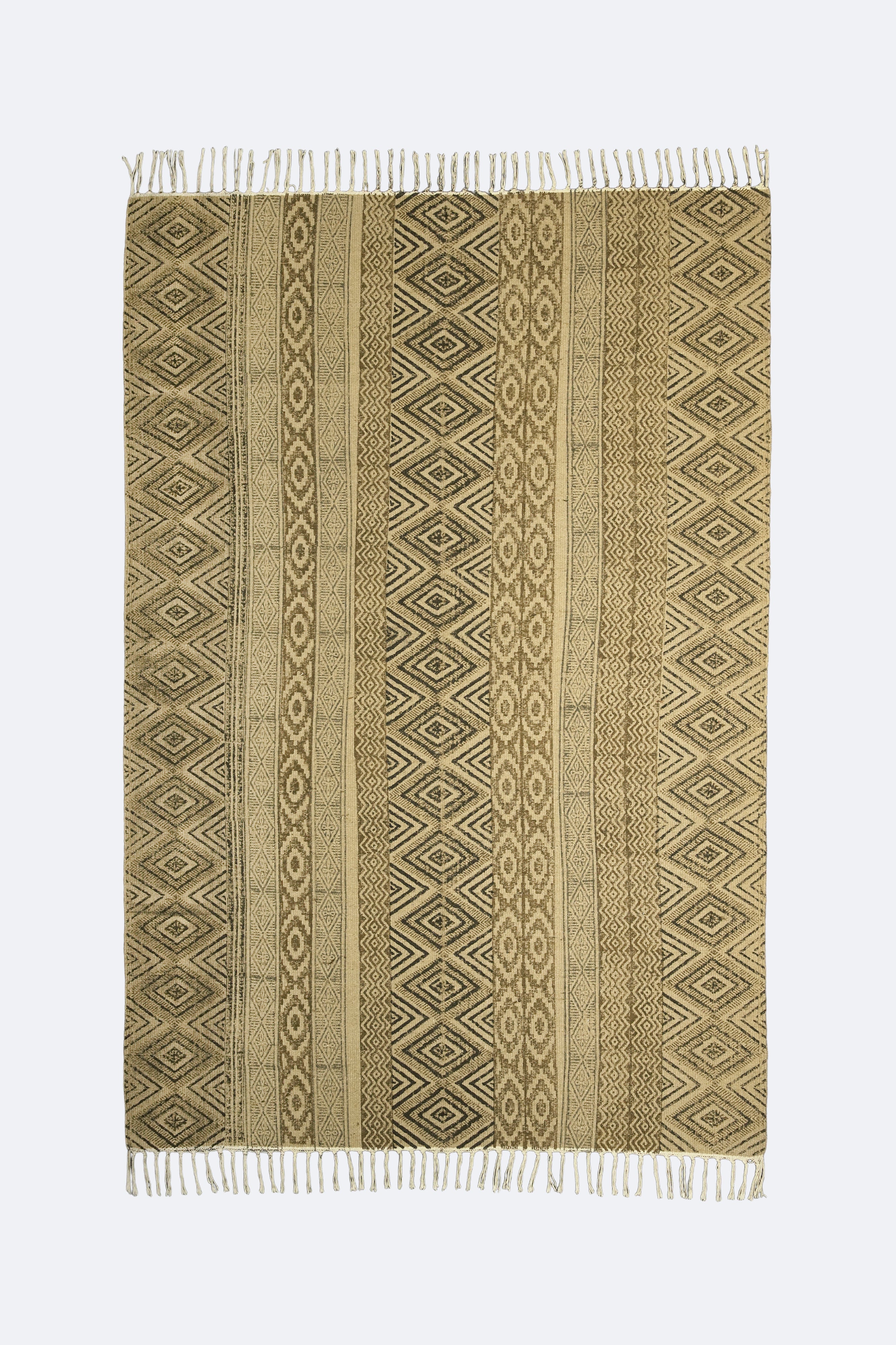 Geometric Stripe Block-Printed Jute Rug – Sand & Black