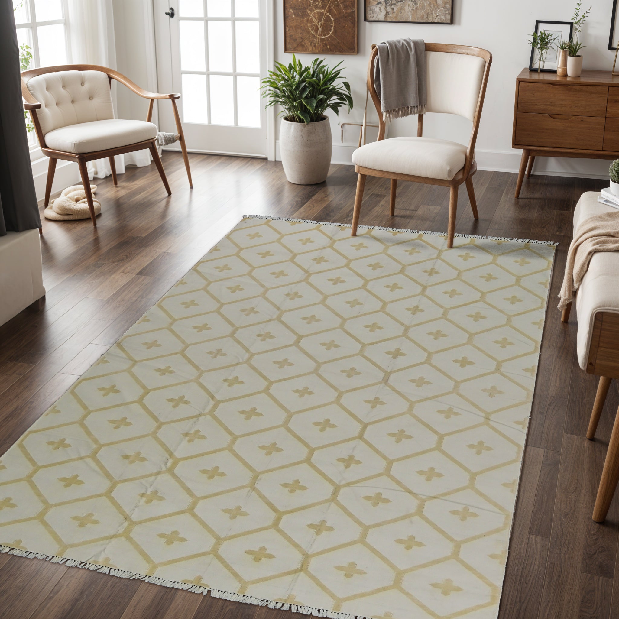 Jali Collection- Handwoven Cotton Rug for home in Soft Ivory and Golden Orche