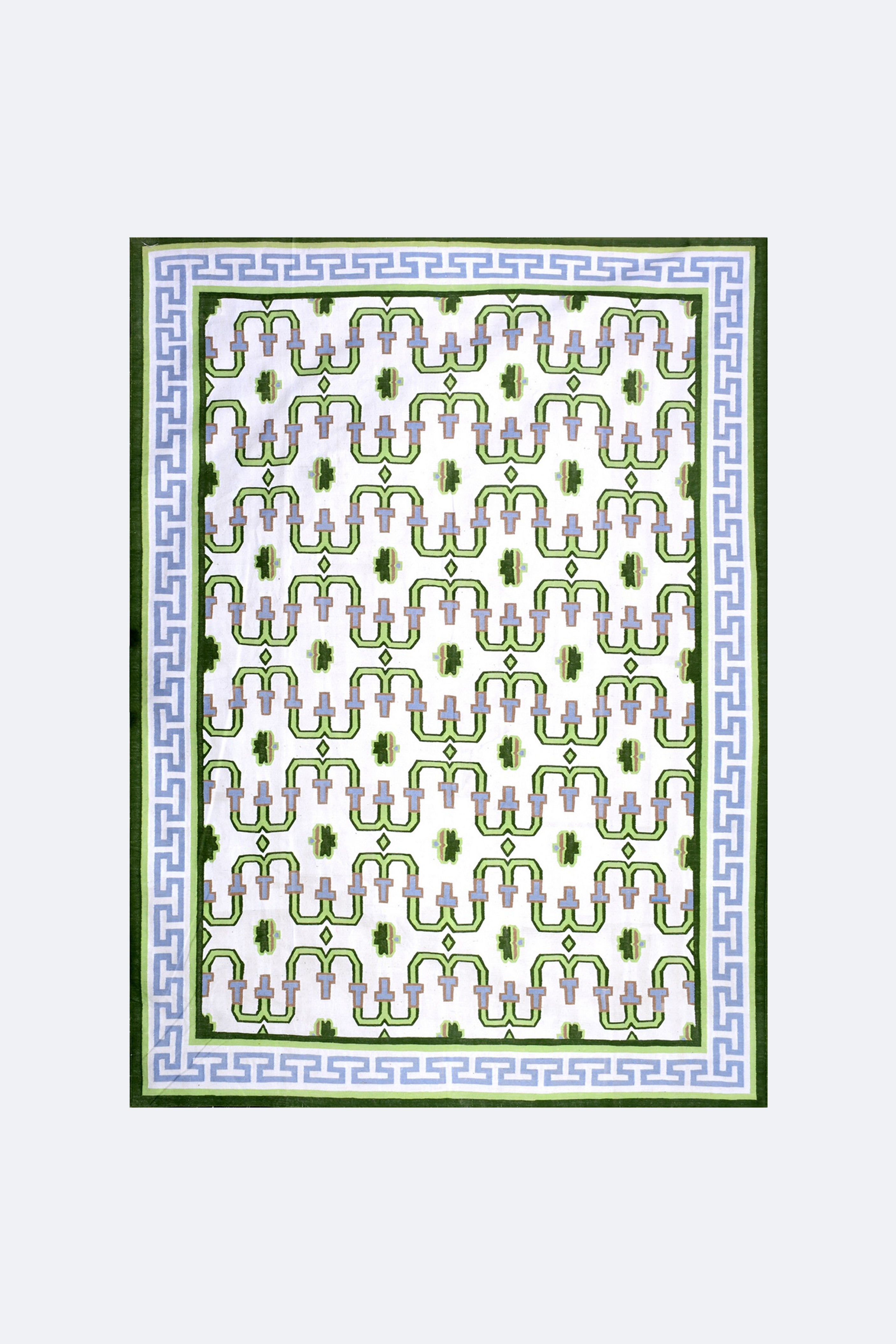 Green & White Geometric Handwoven Reversible Cotton Rug