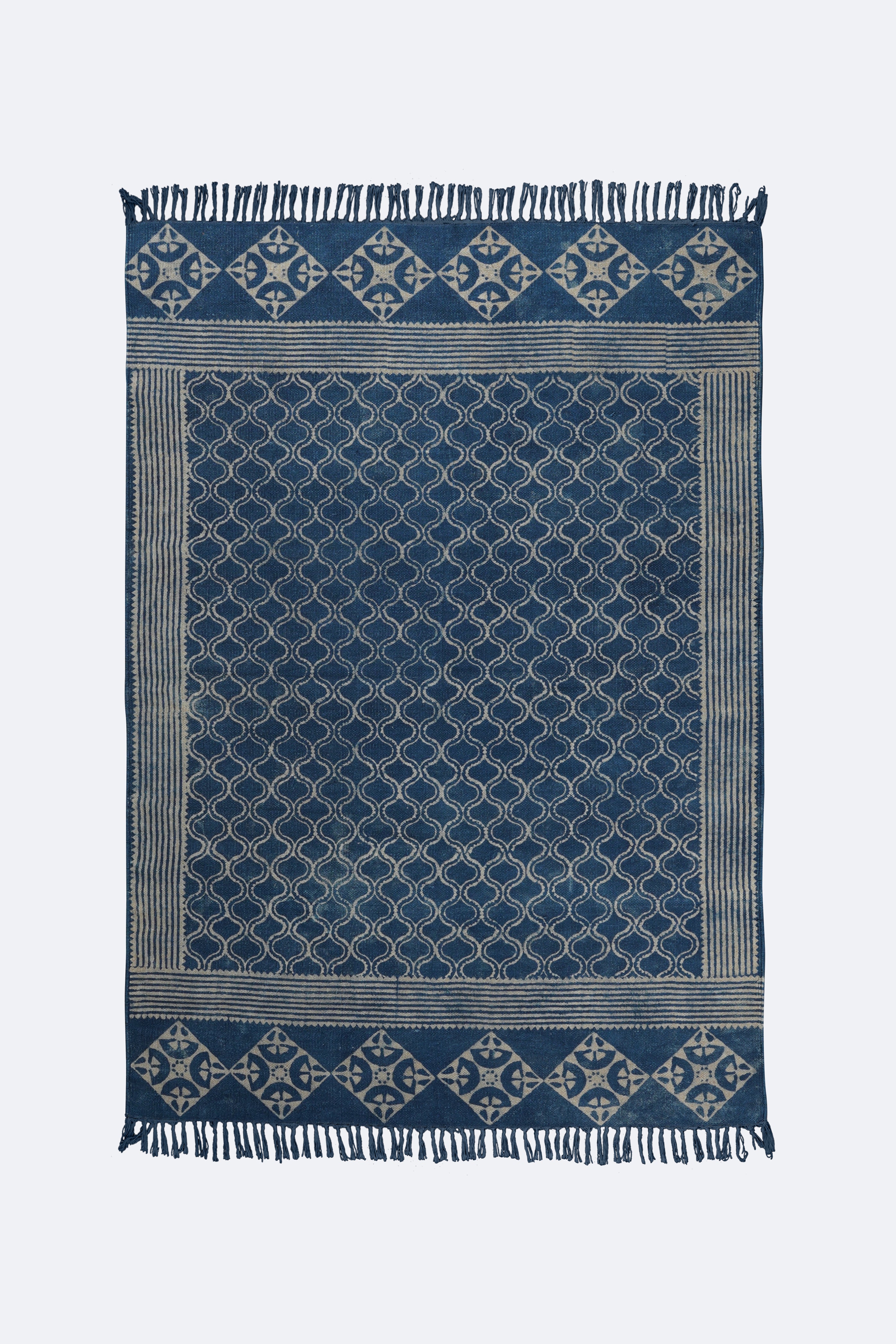 Indigo Trellis Border Hand Block Printed Rug