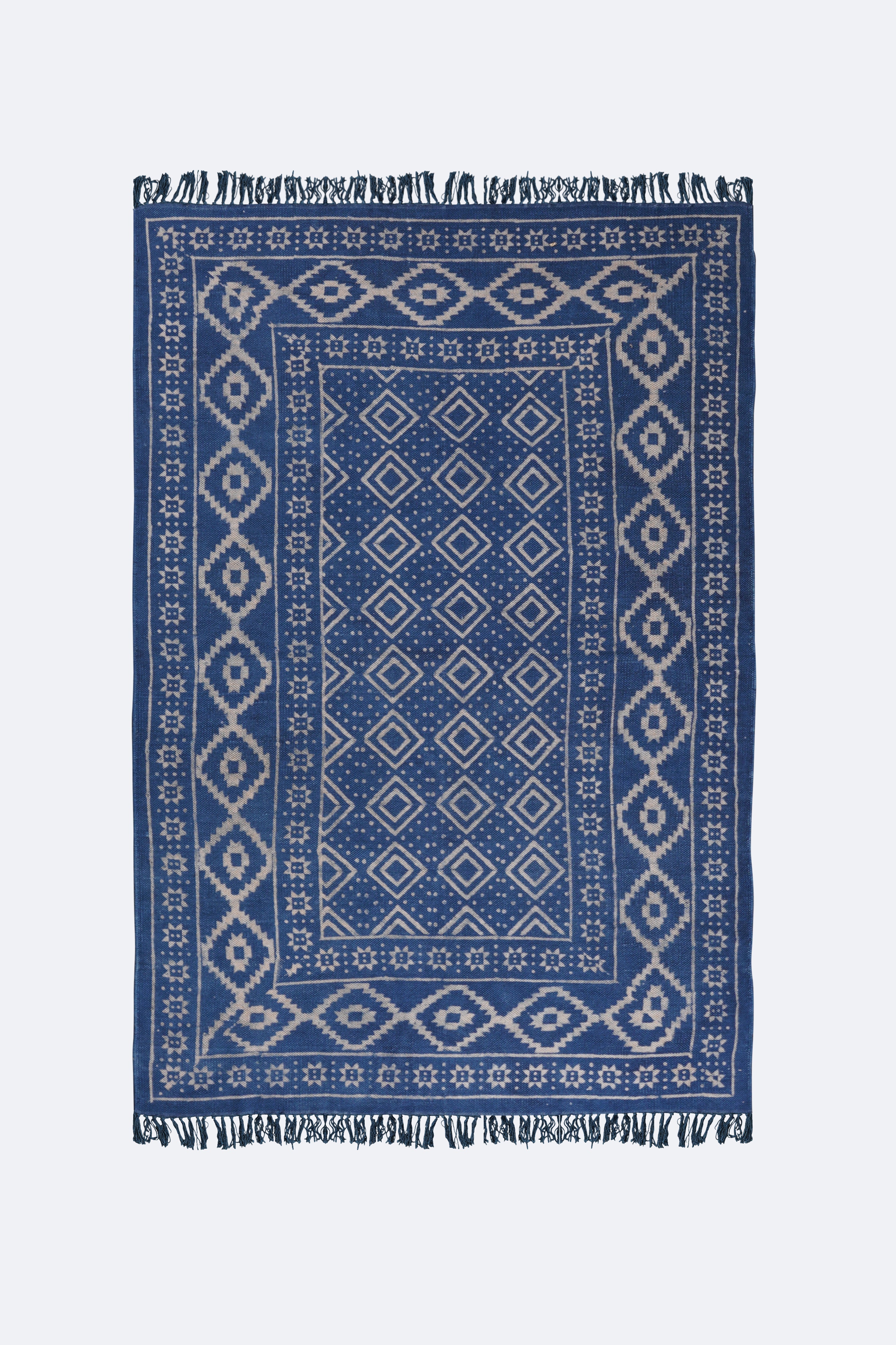 Indigo Diamond Frame Block Printed Rug