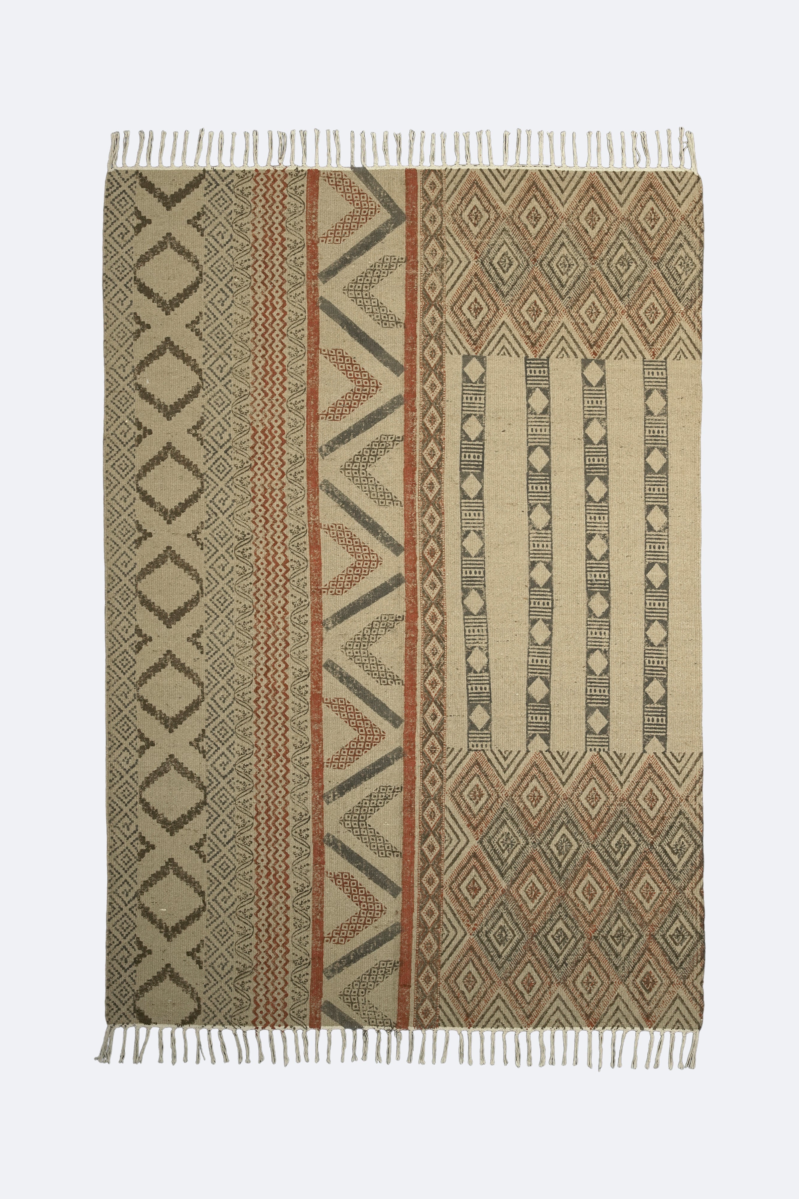 Patchwork Tribal Block-Printed Jute Rug – Rust, Olive & Sand