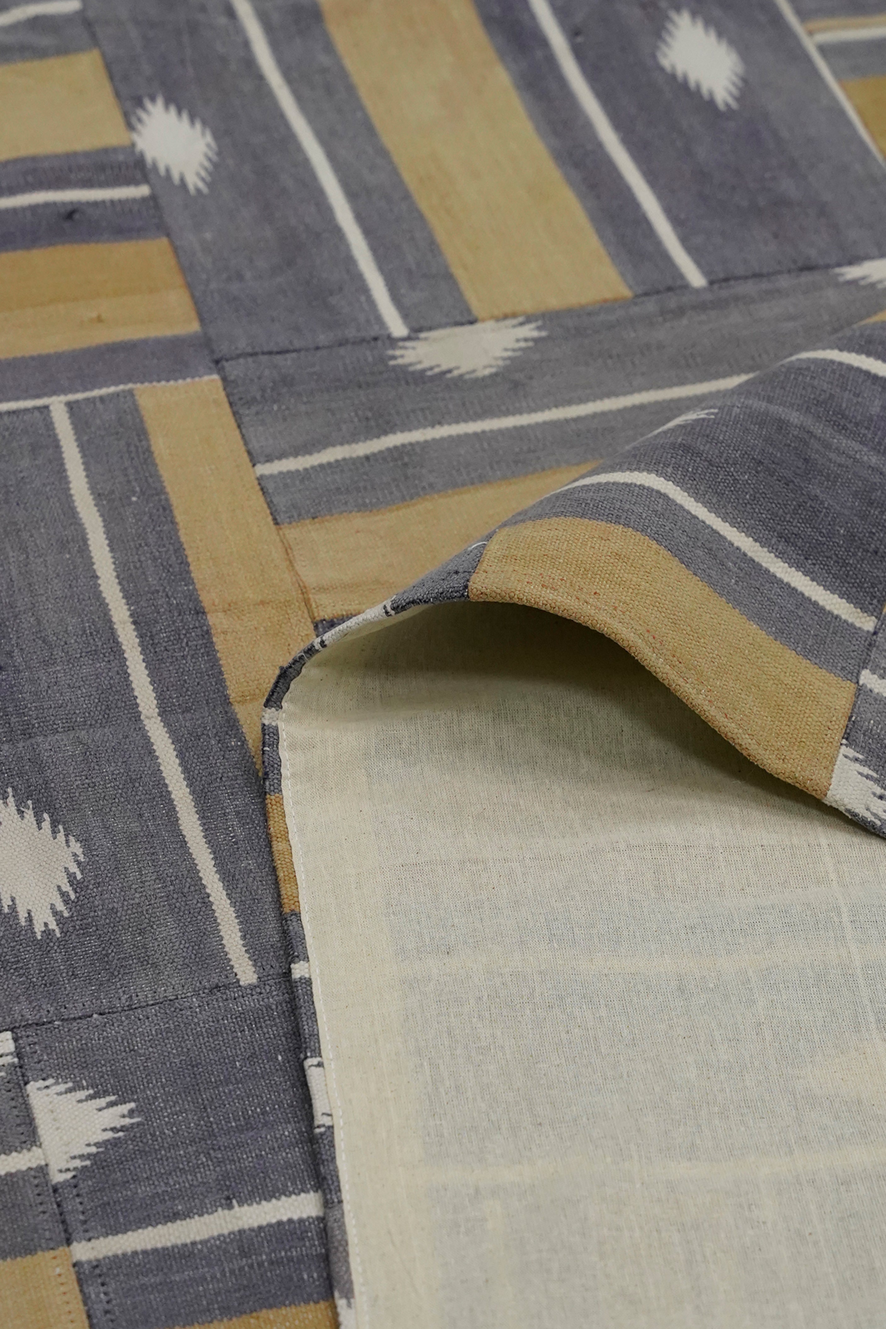 Slate & Mustard Stripe-Diamond Patchwork Rug