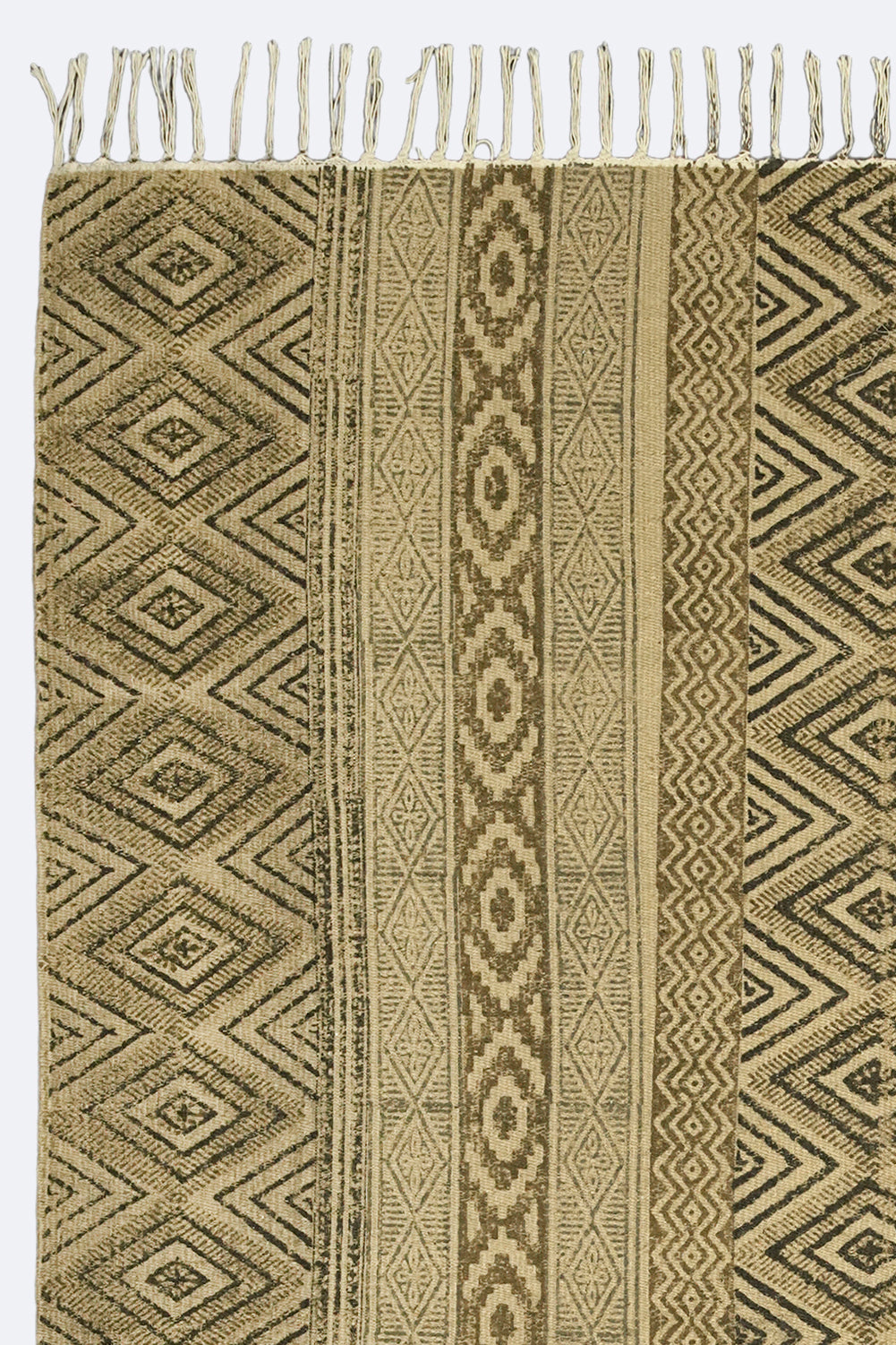 Geometric Stripe Block-Printed Jute Rug – Sand & Black