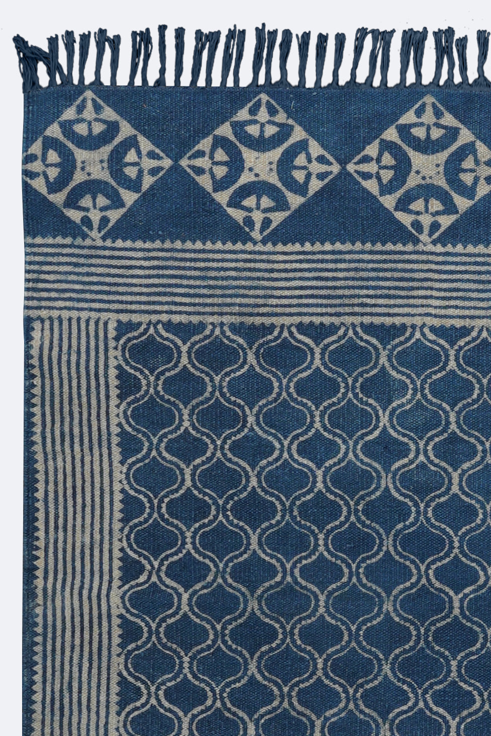 Indigo Trellis Border Hand Block Printed Rug