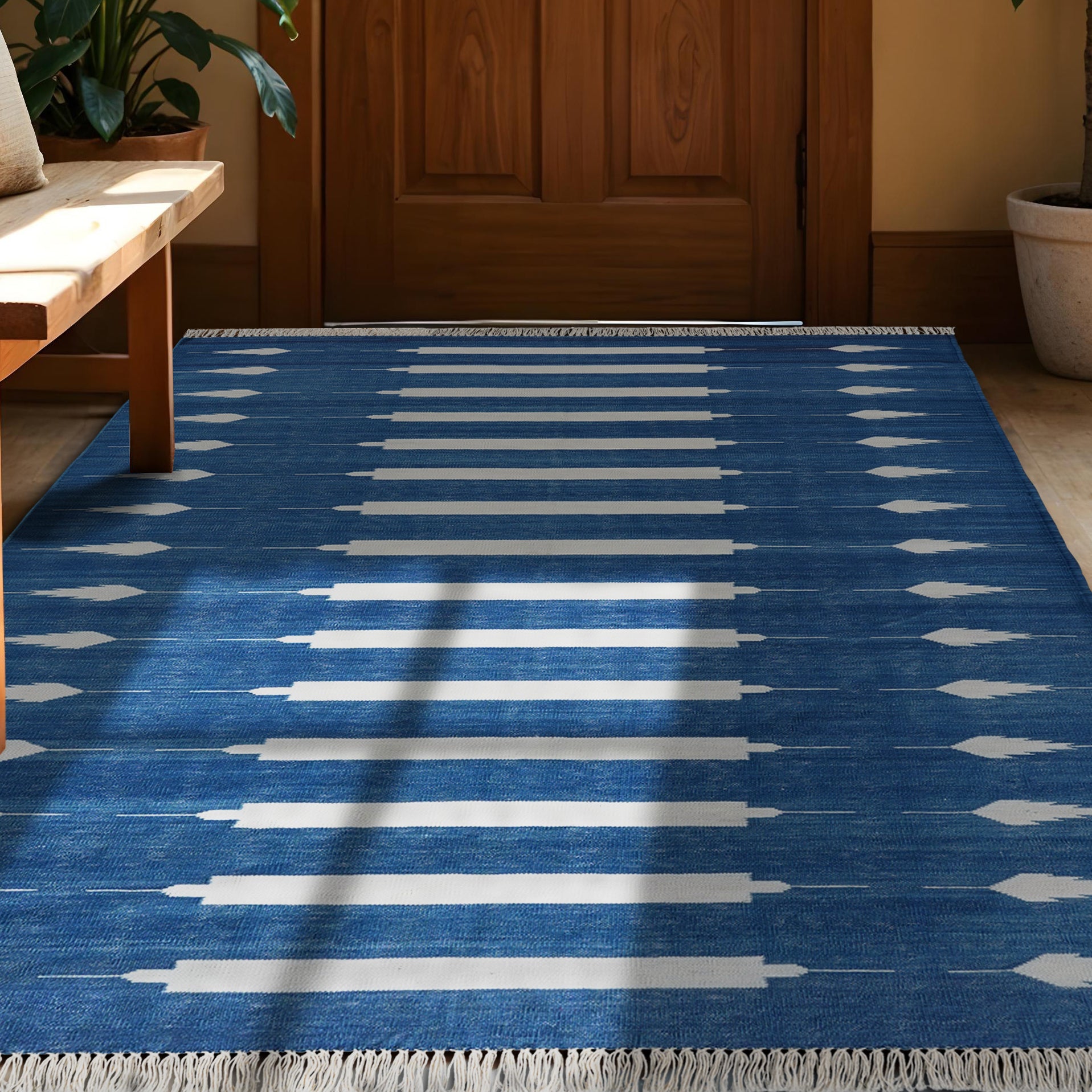 Bow and arrow collection Handwoven Stripped Dhurrie – Cotton in Indigo blue