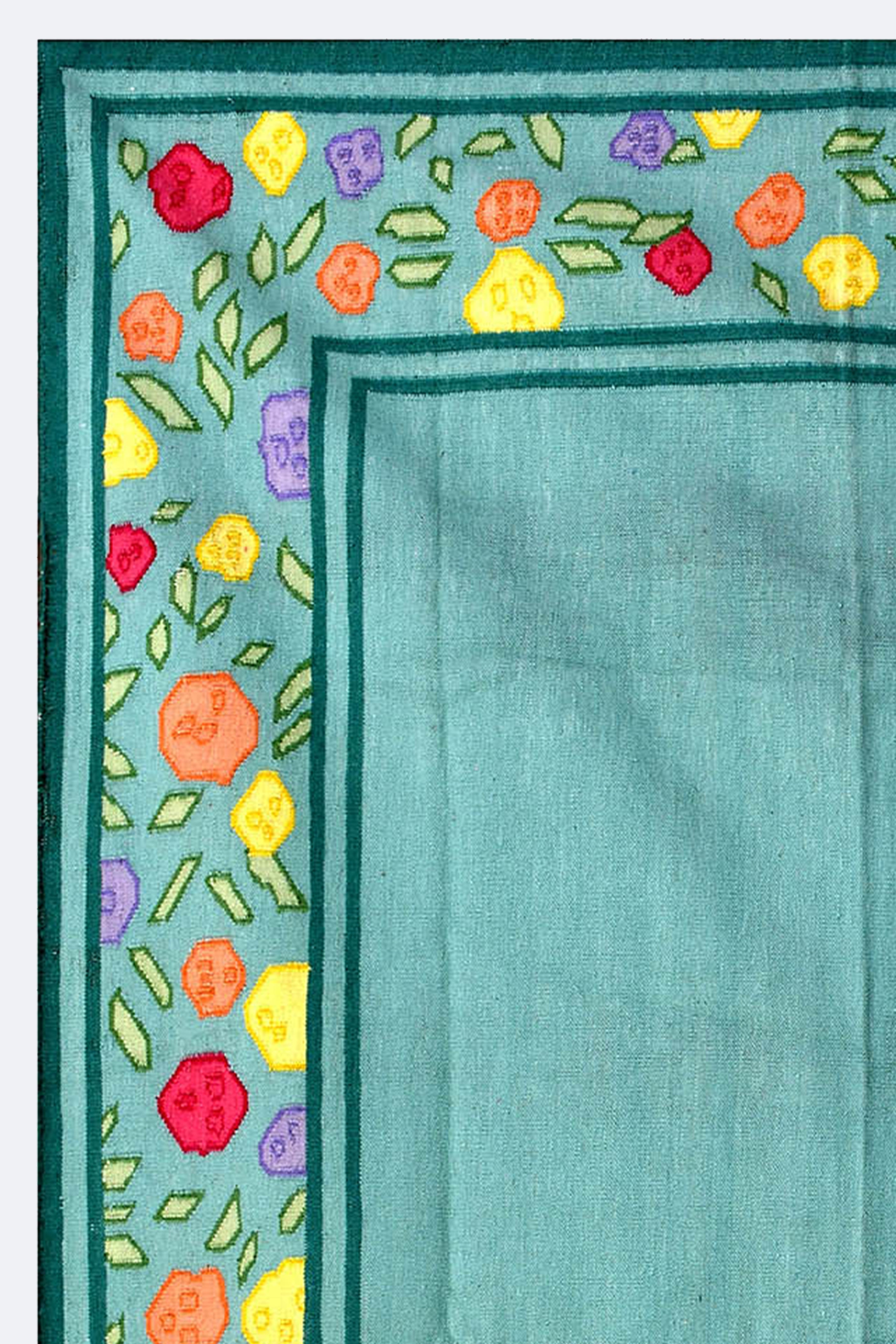 Teal Floral Handwoven Reversible Wool Rug