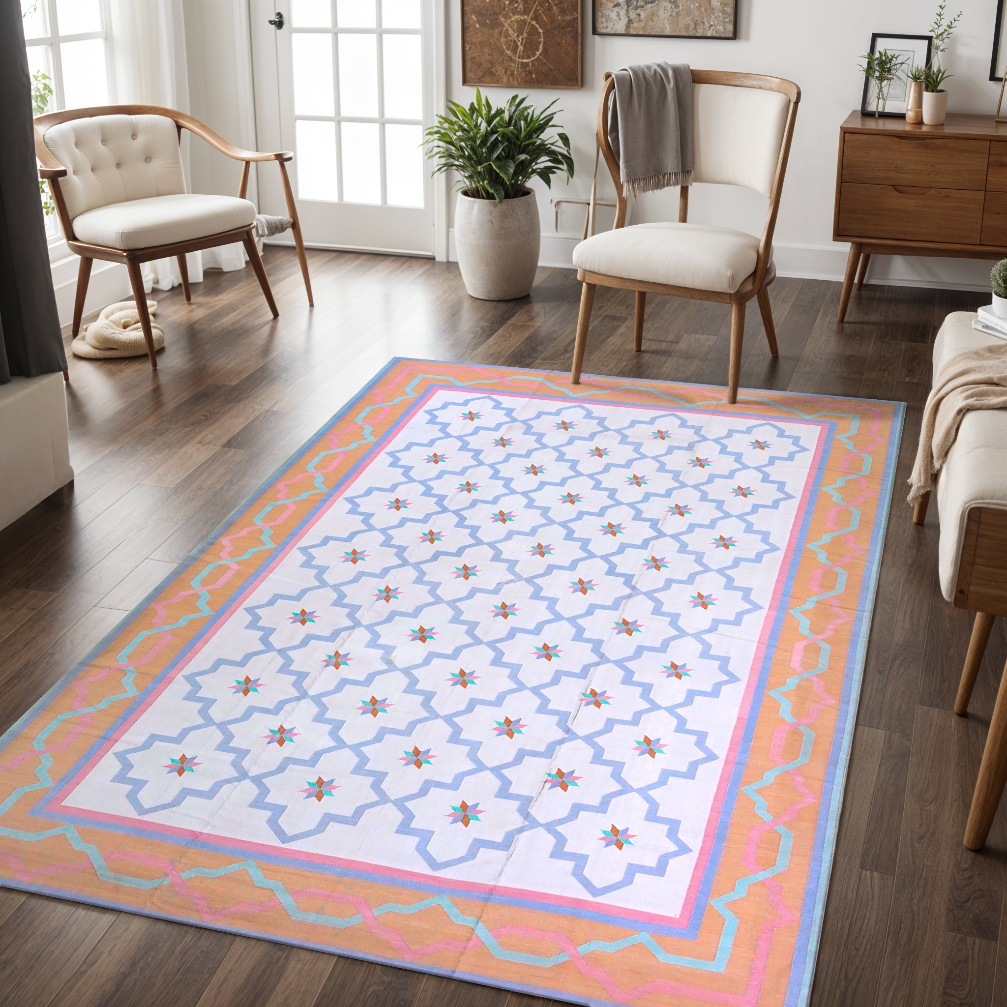 Jali Collection- Handwoven cotton Rug for home in Soft Blue and Orange