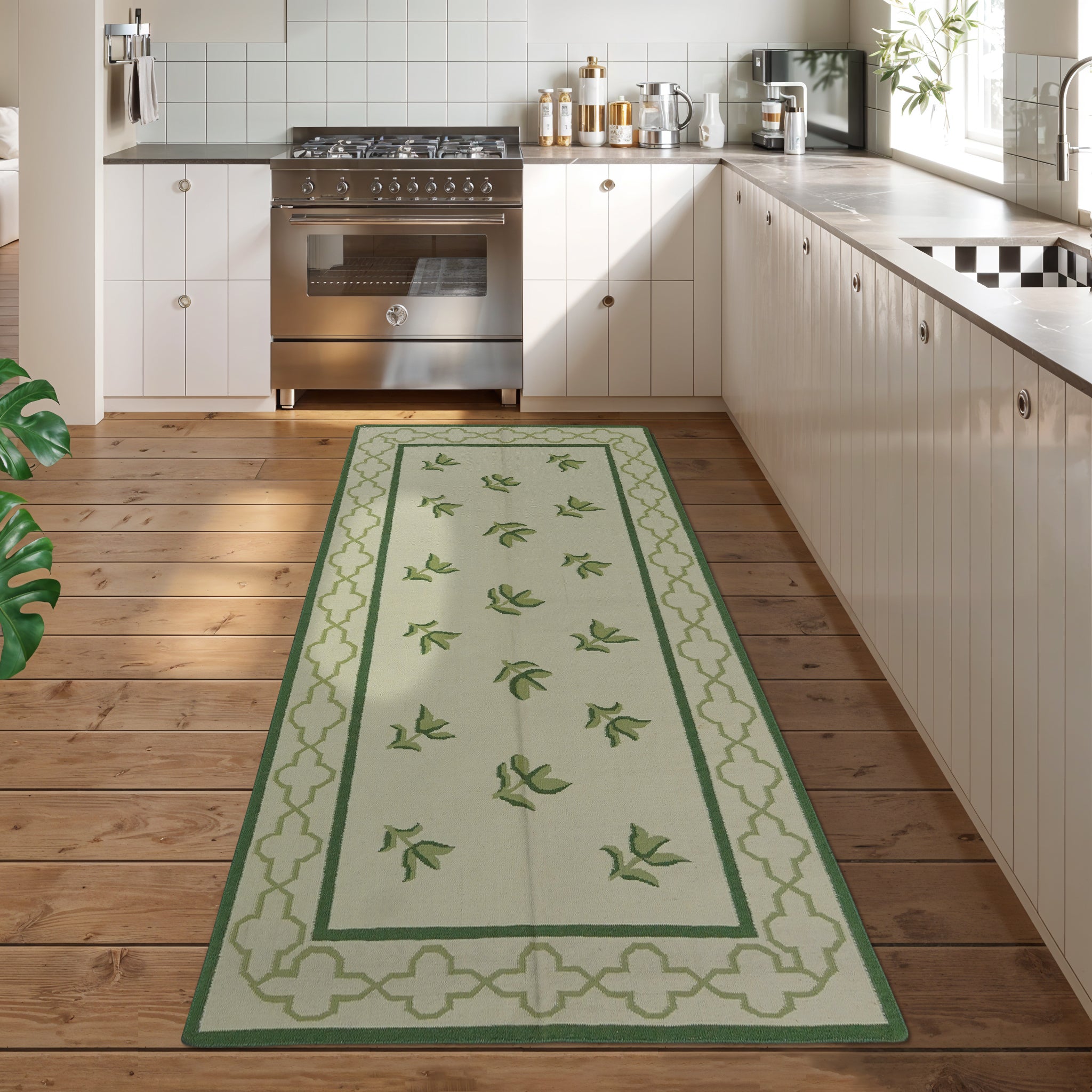 Handwoven Floral Rug with flower motif in Greem