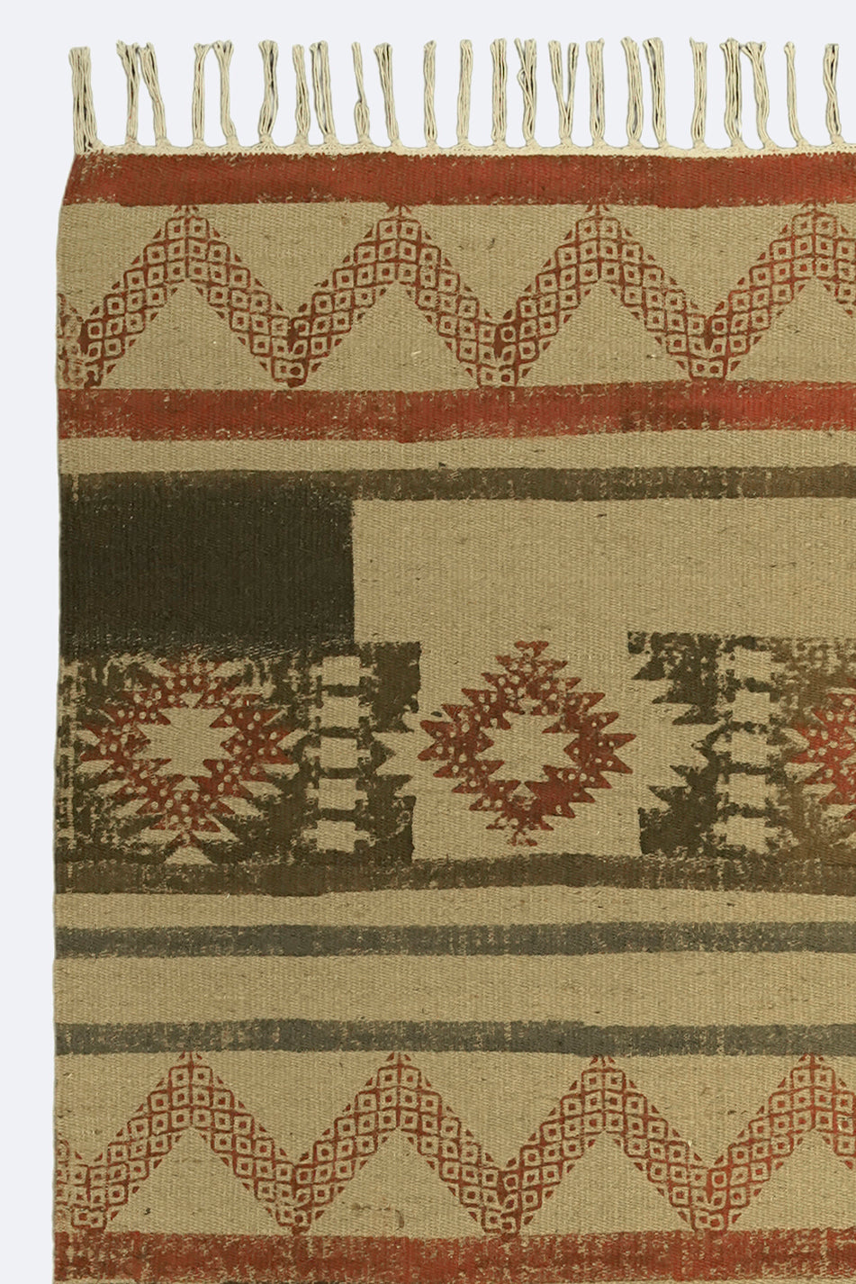 Tribal Motif Block-Printed Jute Rug – Rust, Olive & Sand