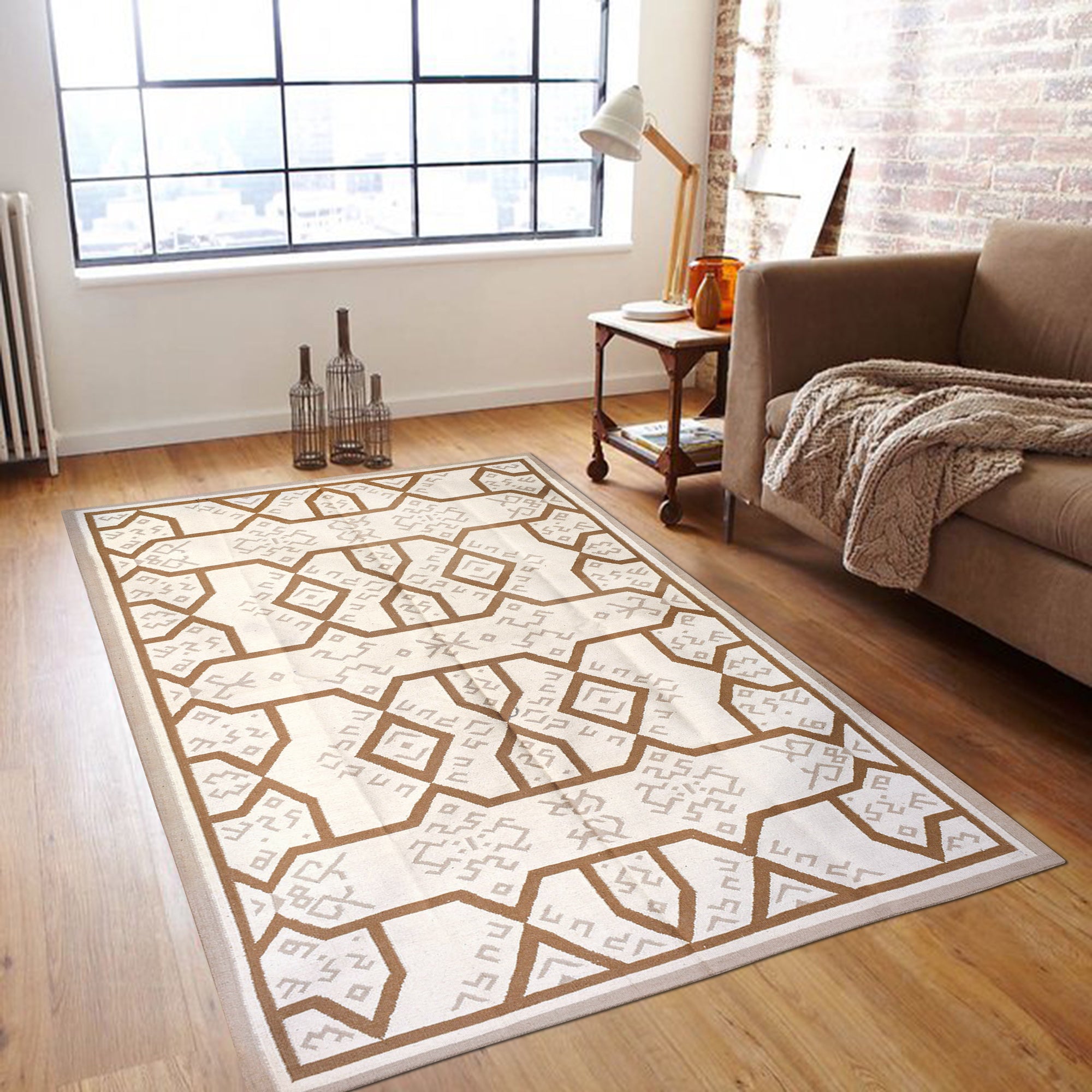 Handwoven Wool Rug – Neutral Geometric Dhurrie with Tribal Motifs