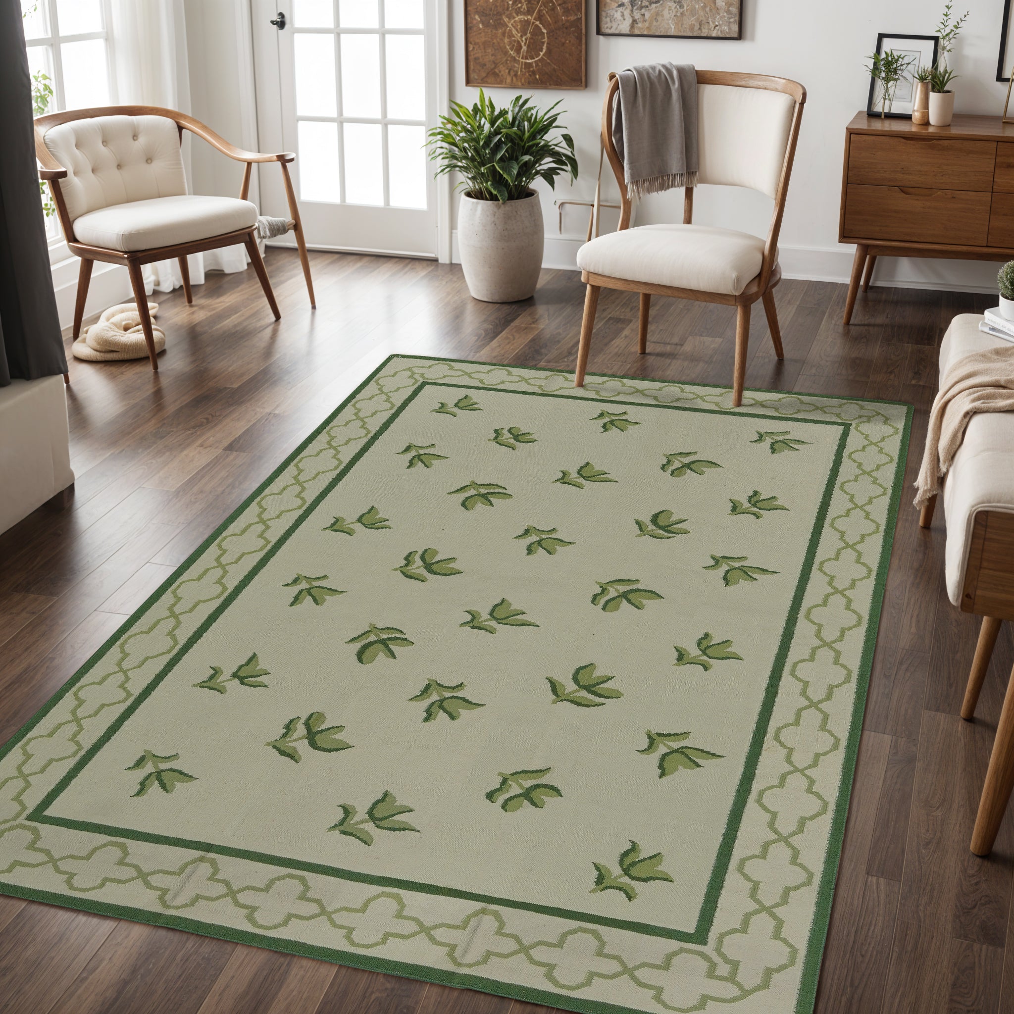 Handwoven Floral Rug with flower motif in Greem