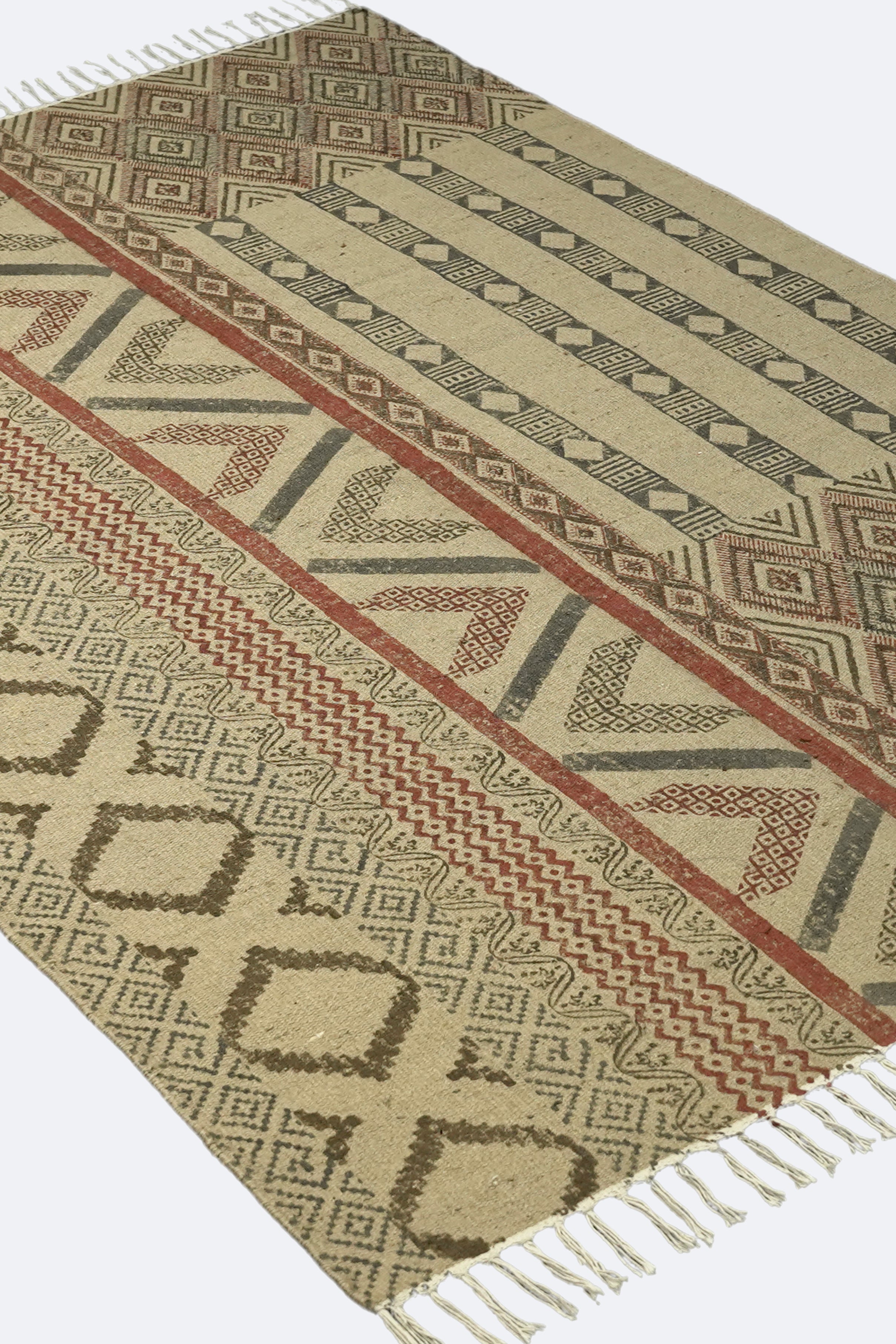 Patchwork Tribal Block-Printed Jute Rug – Rust, Olive & Sand
