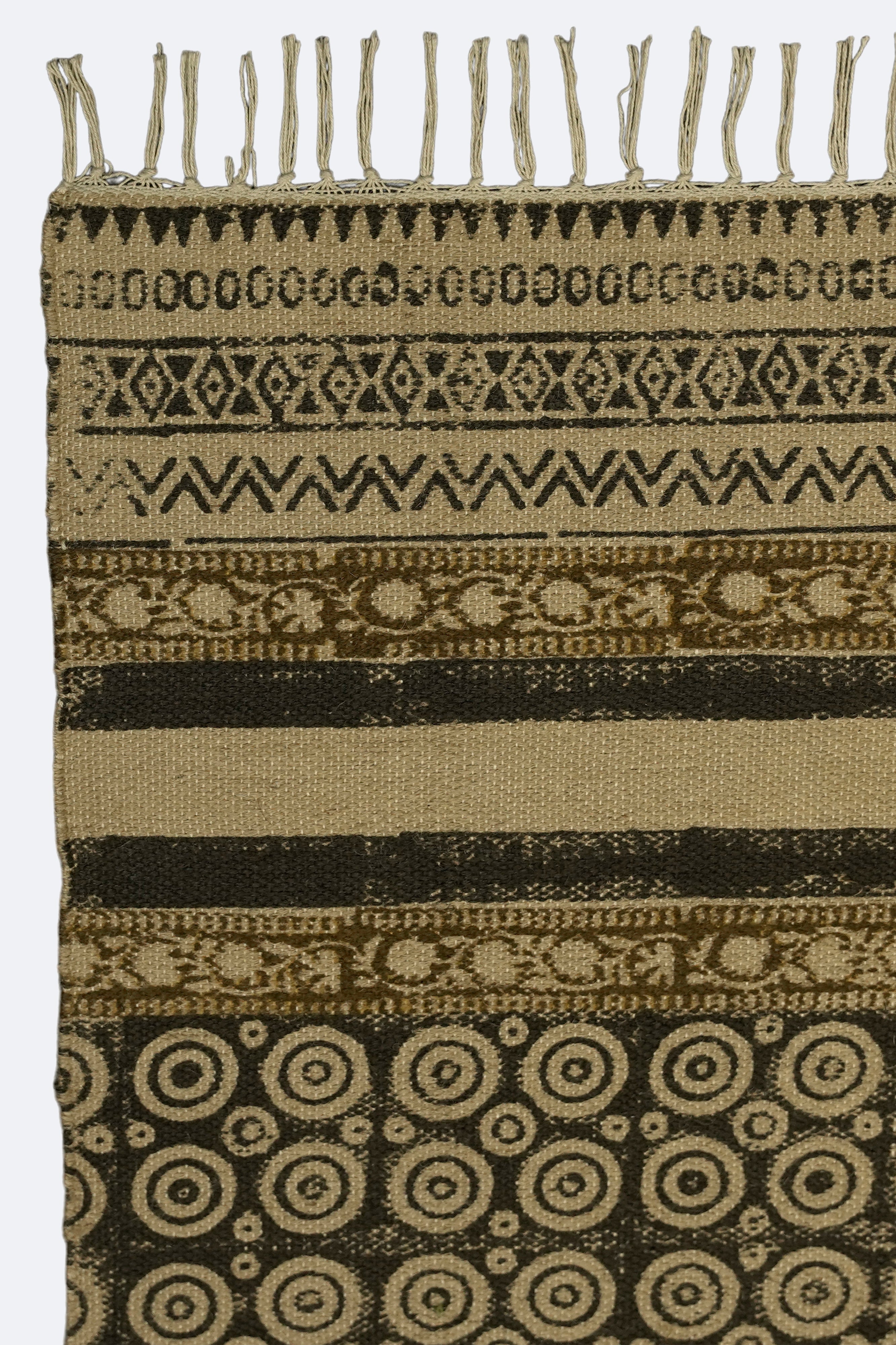 Tribal Circle Block-Printed Jute Rug – Olive & Sand