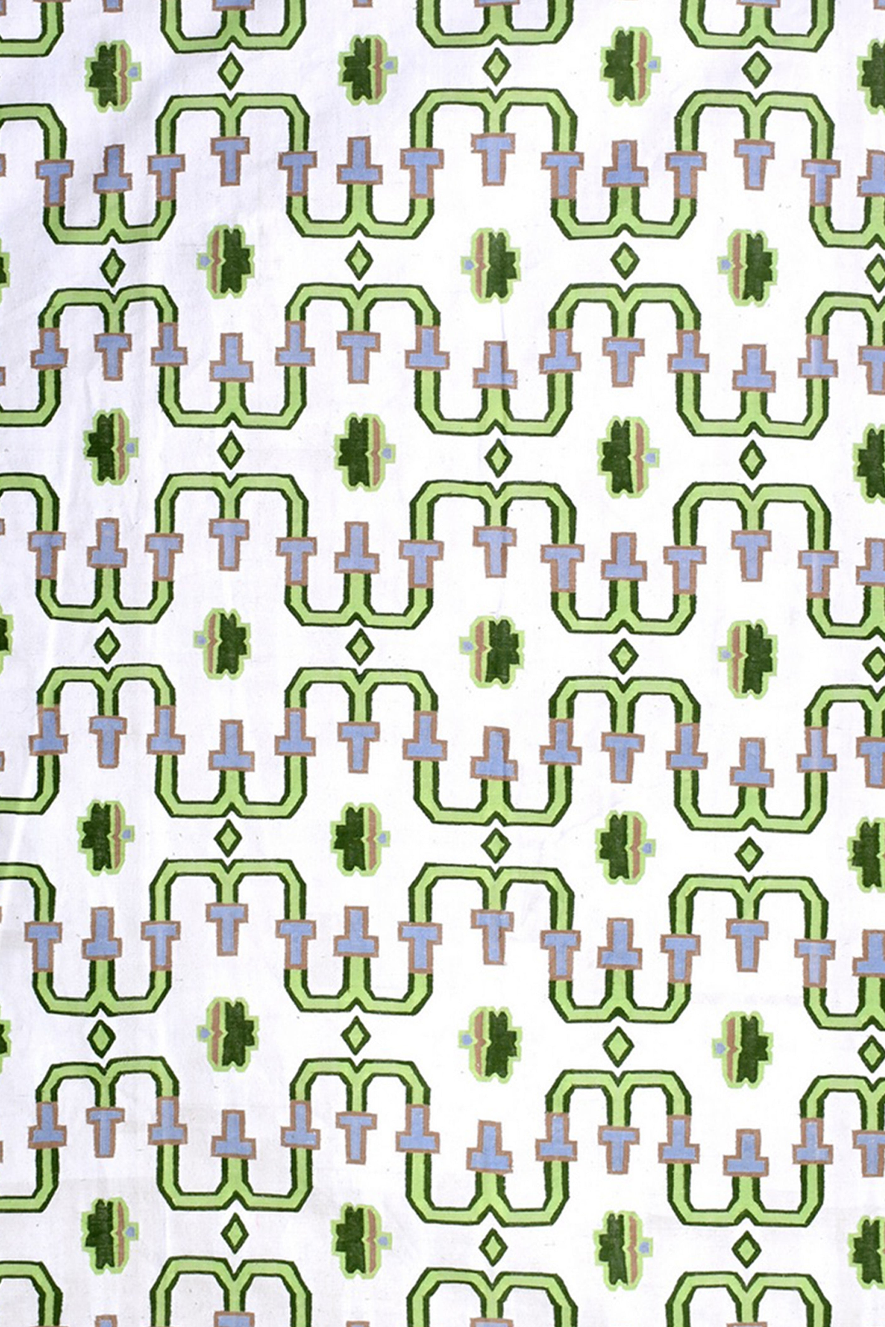 Green & White Geometric Handwoven Reversible Cotton Rug