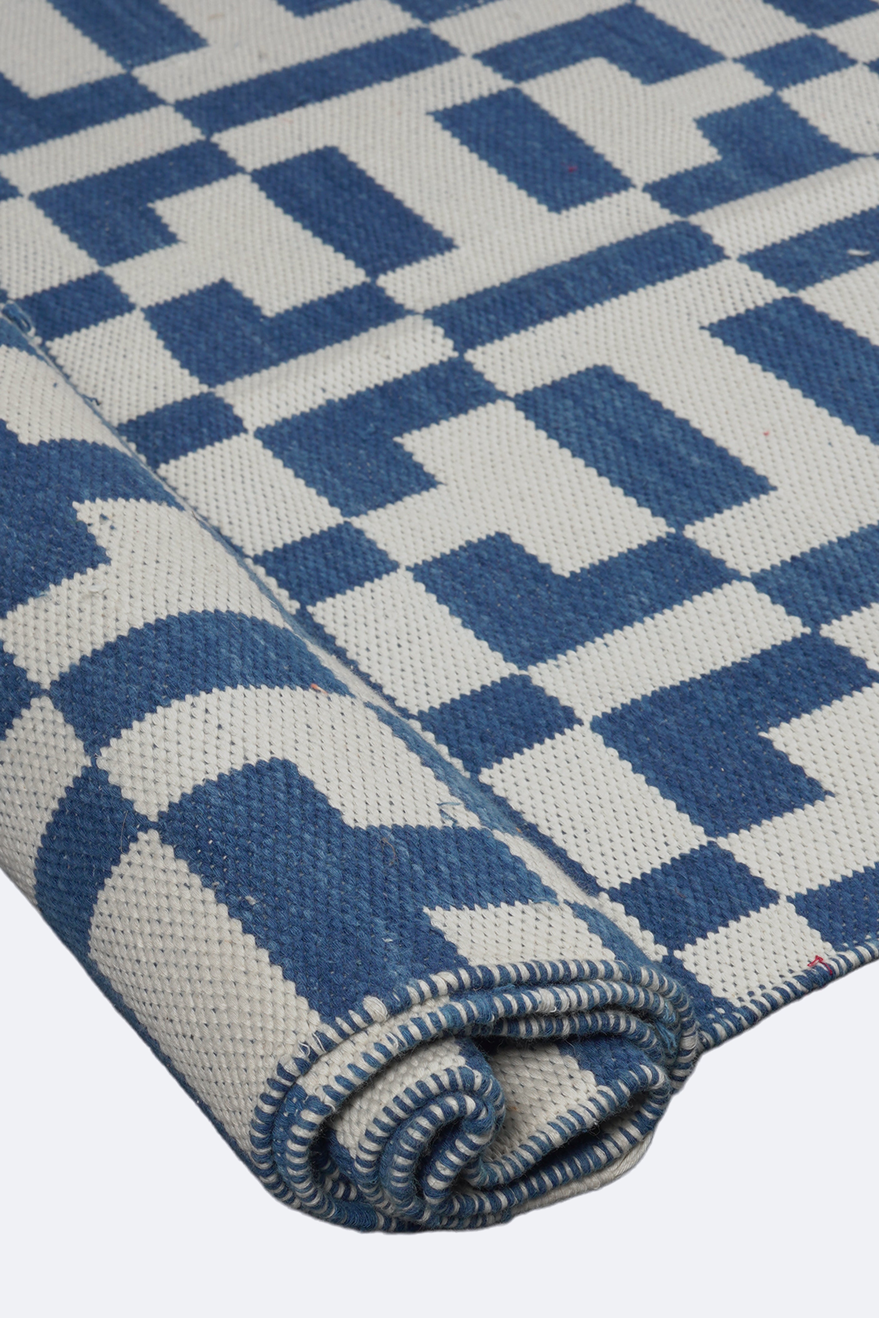 Contemporary Indigo Checkered Reversible Flatweave Cotton Rug