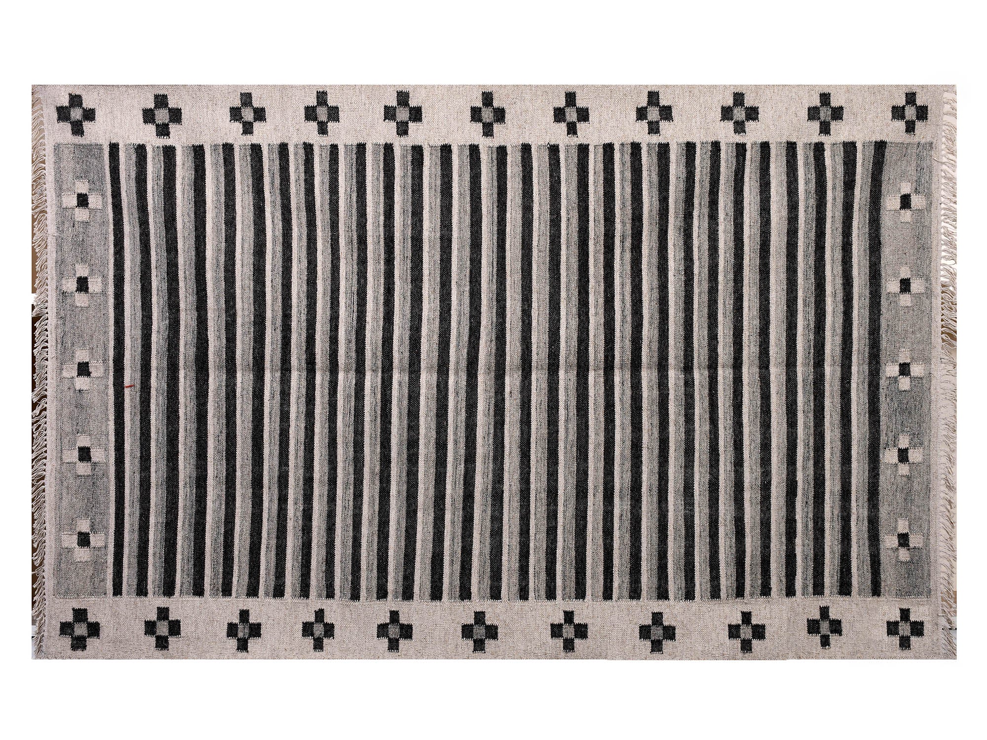 hand woven striped rug in wool- Linear strip in Charcoal Black and grey