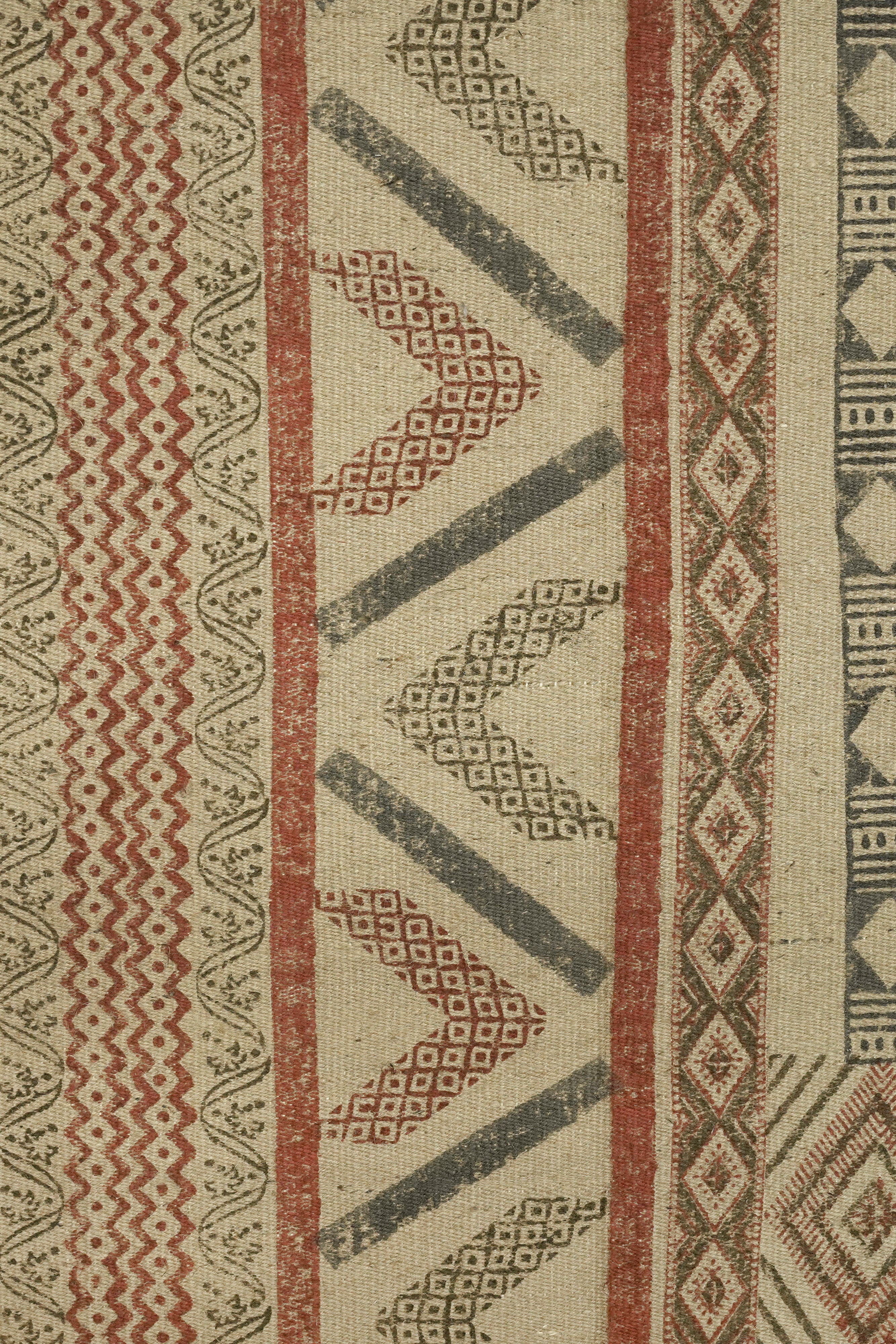 Patchwork Tribal Block-Printed Jute Rug – Rust, Olive & Sand