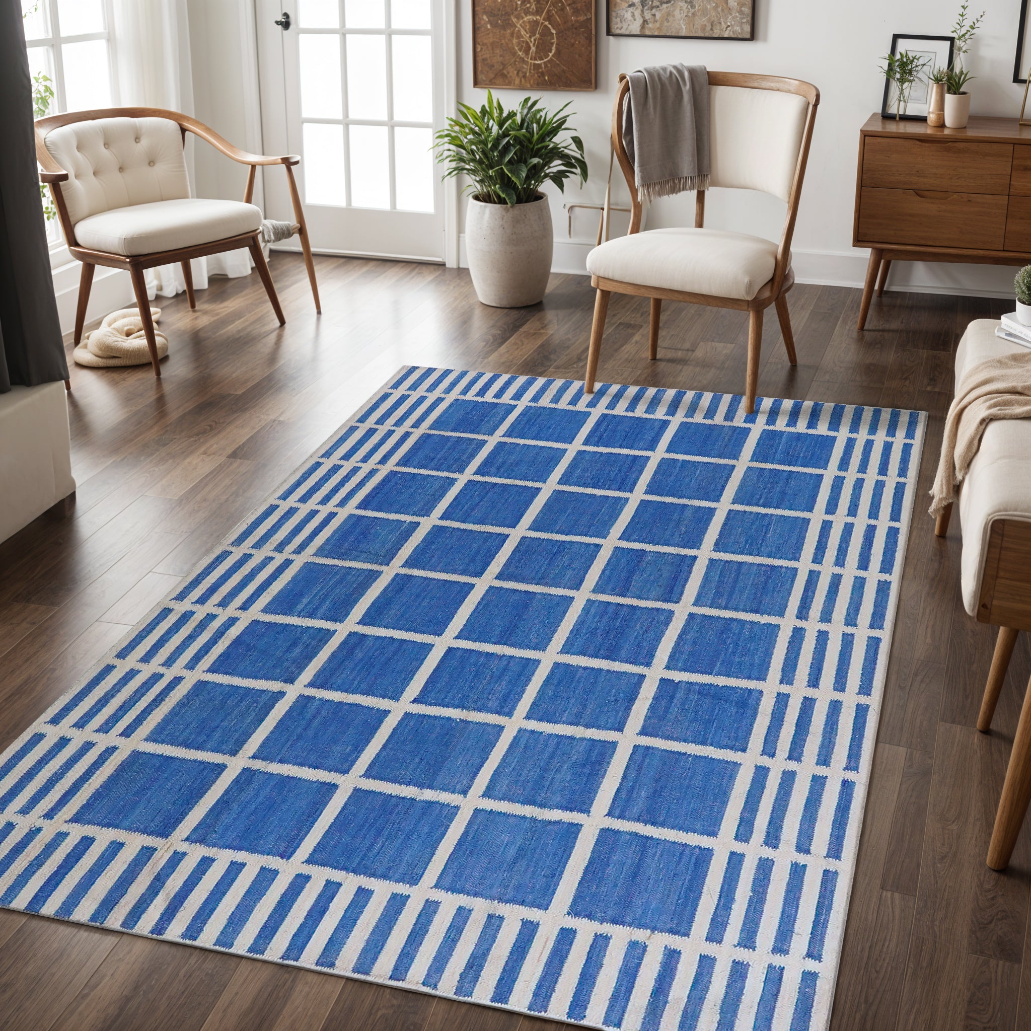 Handwoven Checkbox Rug for home in Cobalt Blue