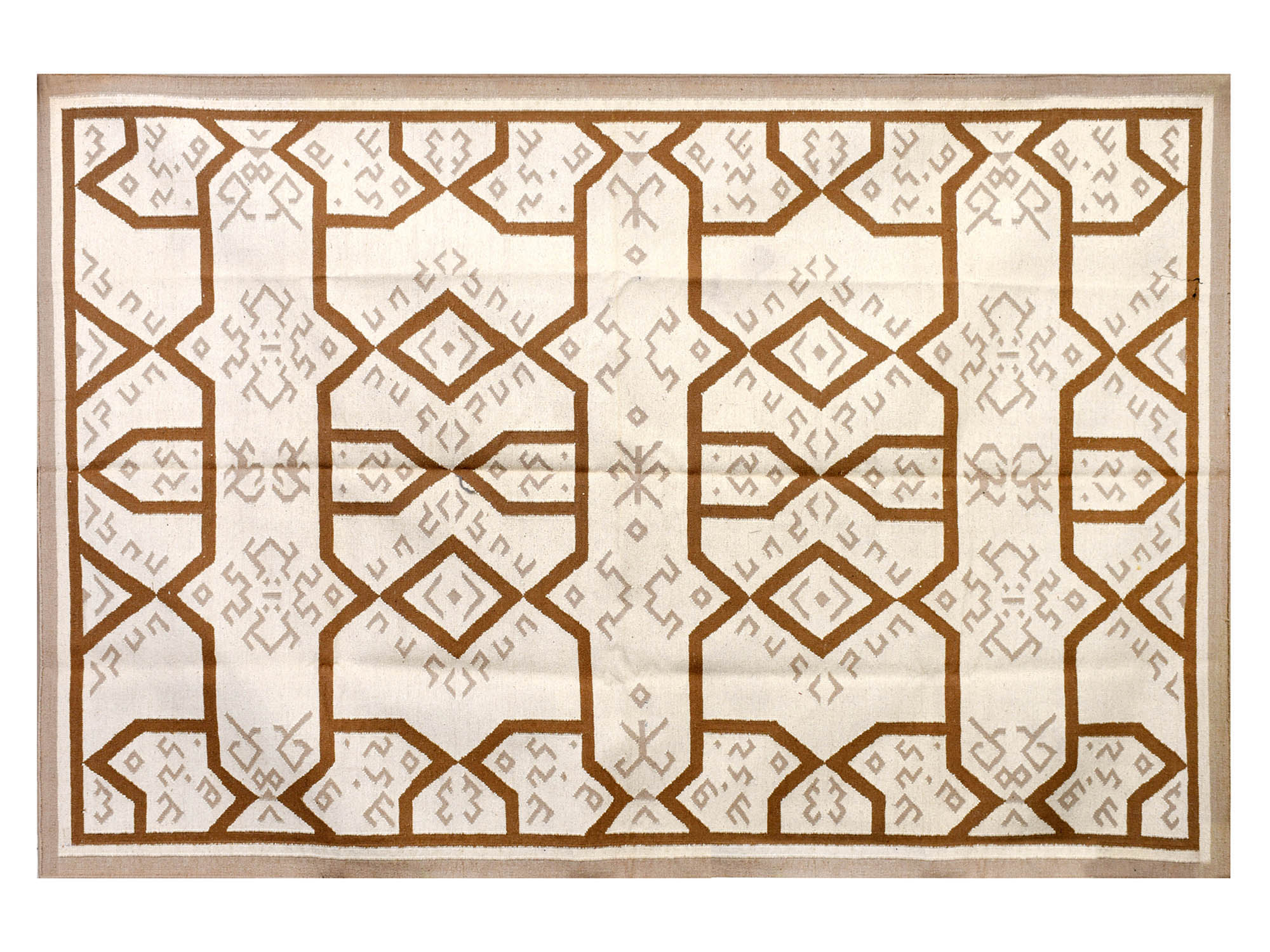 Handwoven Wool Rug – Neutral Geometric Dhurrie with Tribal Motifs