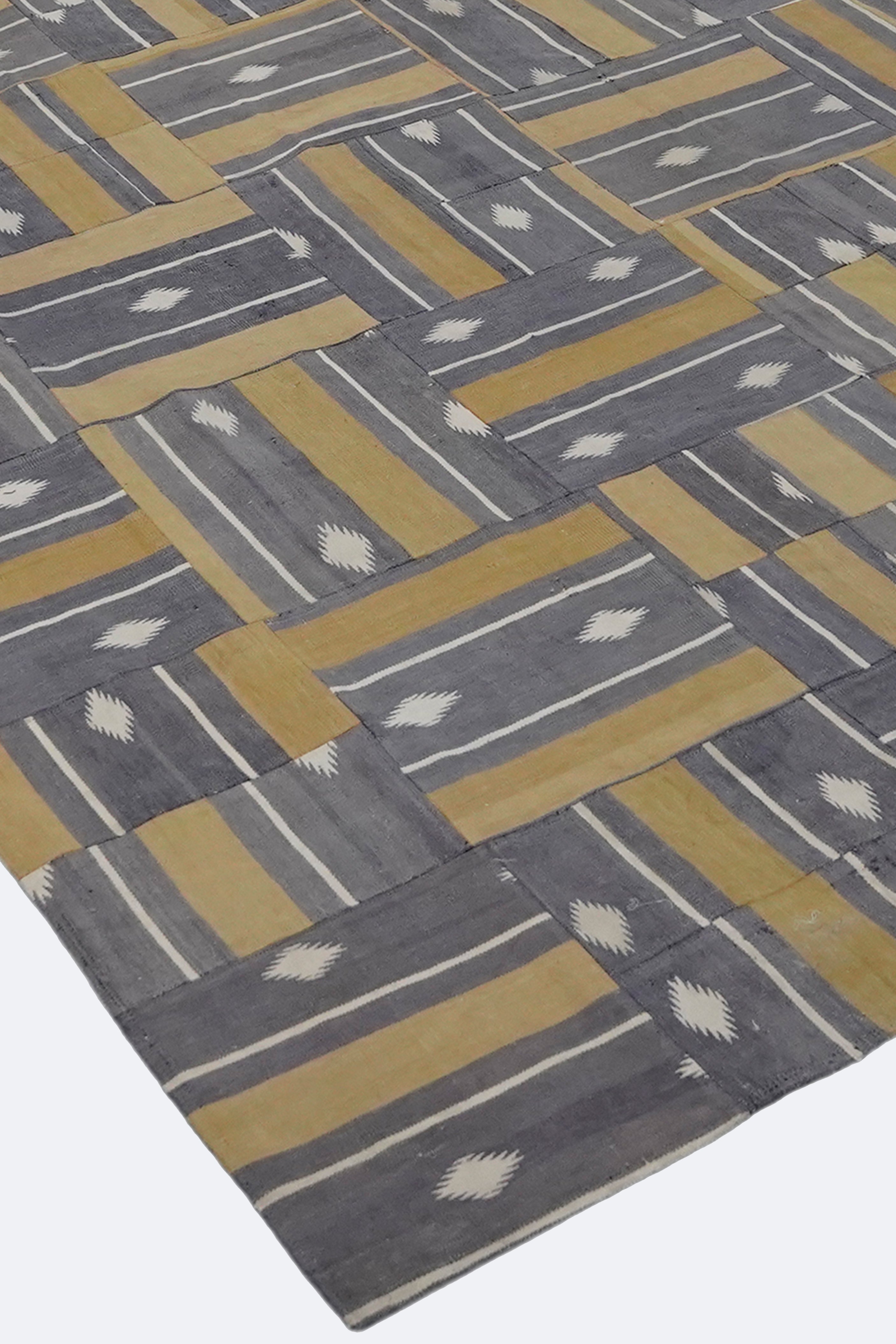 Slate & Mustard Stripe-Diamond Patchwork Rug