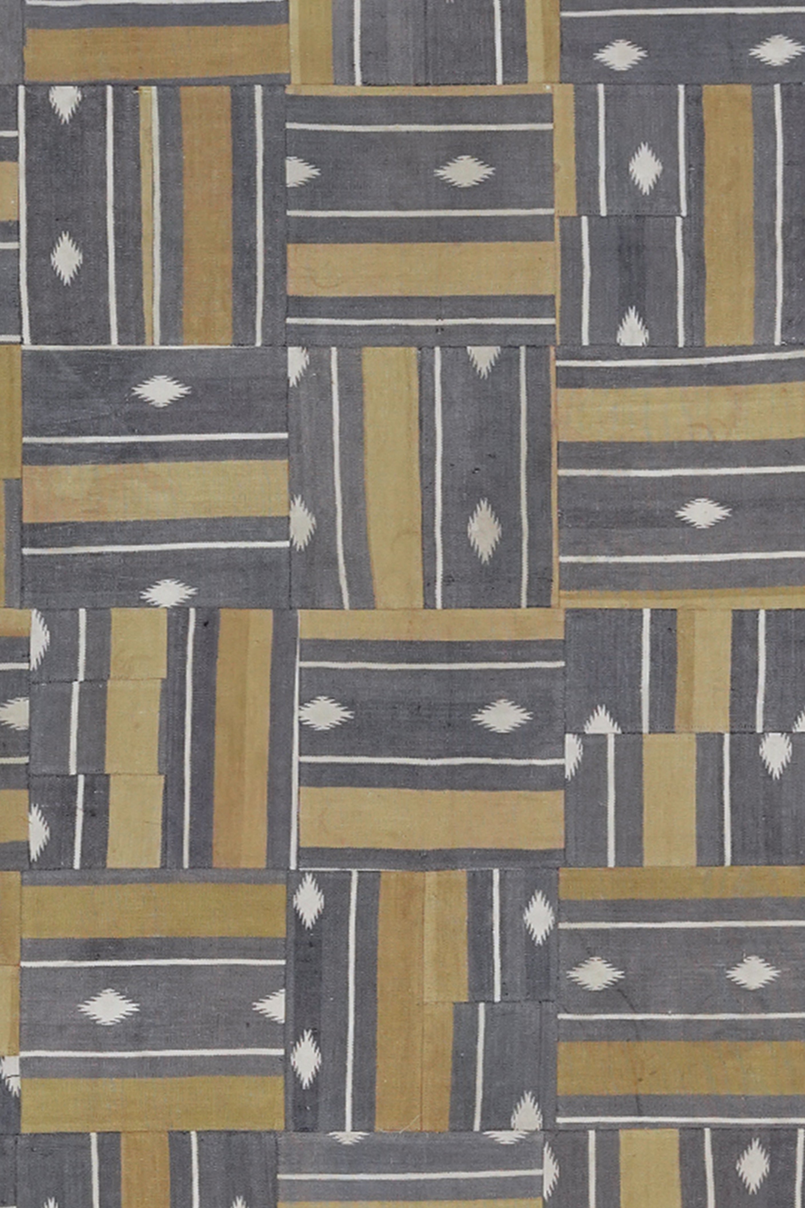 Slate & Mustard Stripe-Diamond Patchwork Rug