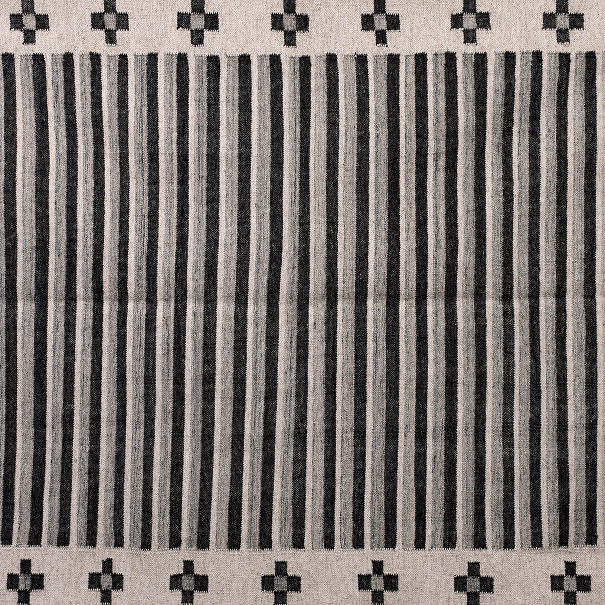 hand woven striped rug in wool- Linear strip in Charcoal Black and grey