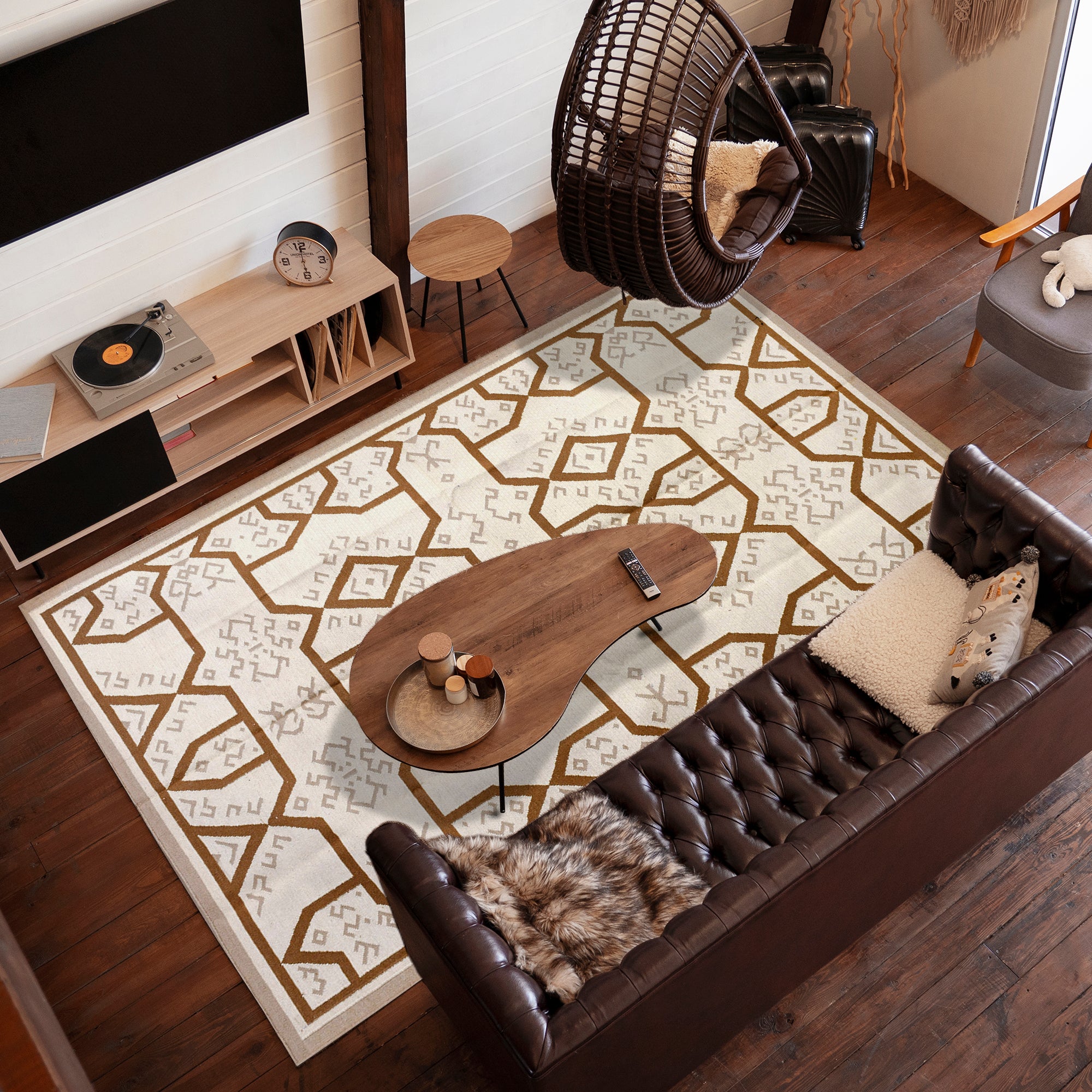 Handwoven Wool Rug – Neutral Geometric Dhurrie with Tribal Motifs