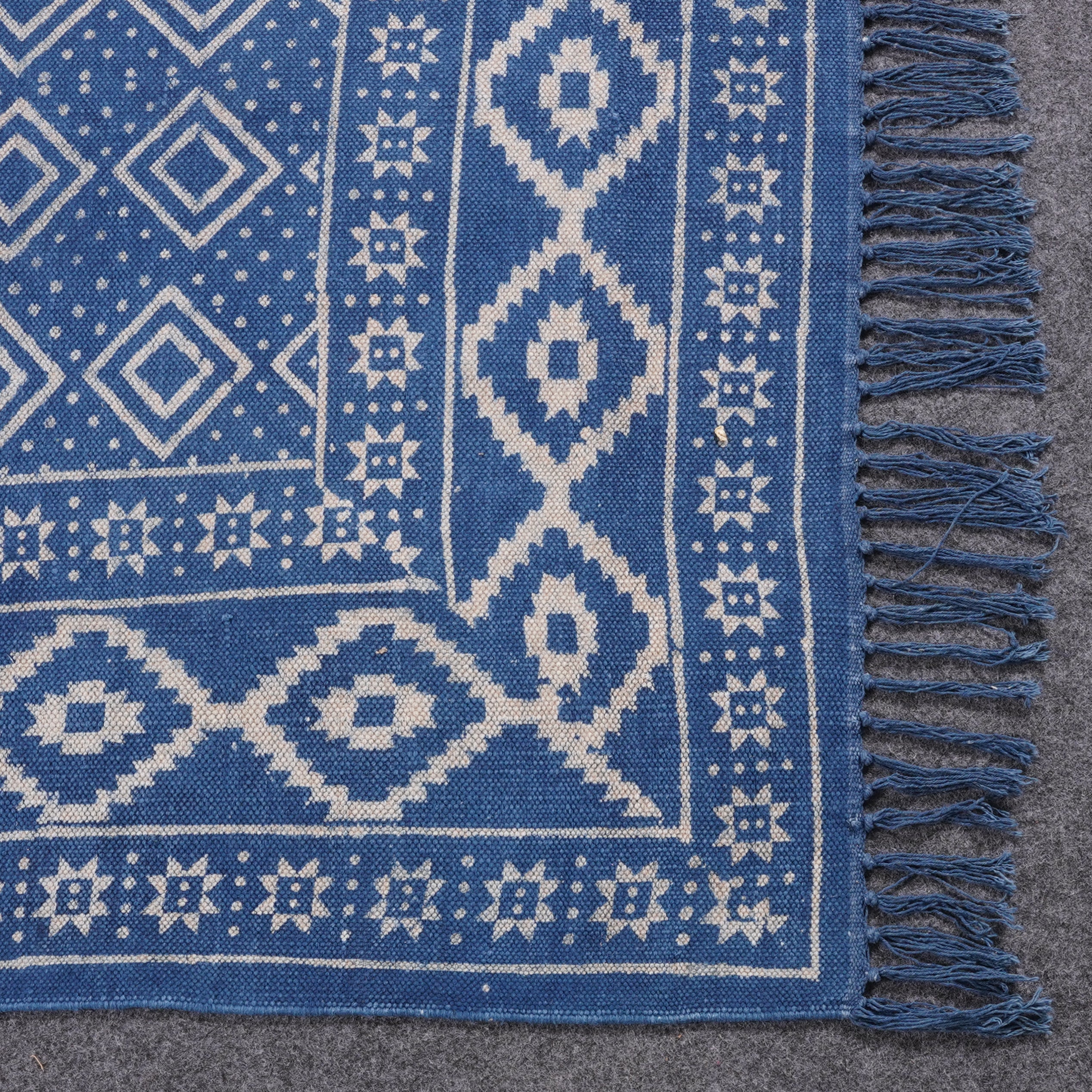 Indigo Diamond Frame Block Printed Rug