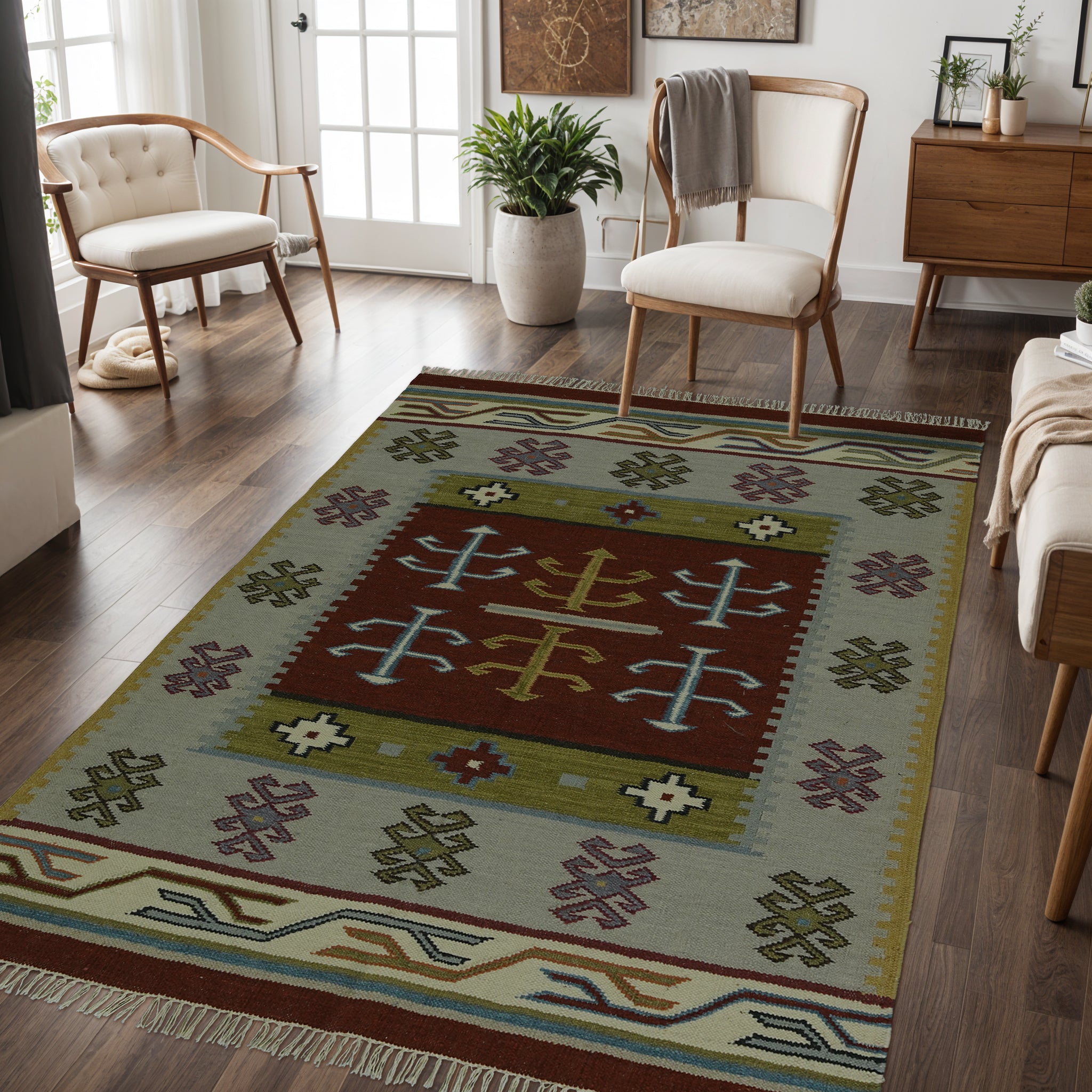 hand woven Floral rug - Wool in Brick Red and Flower Motif