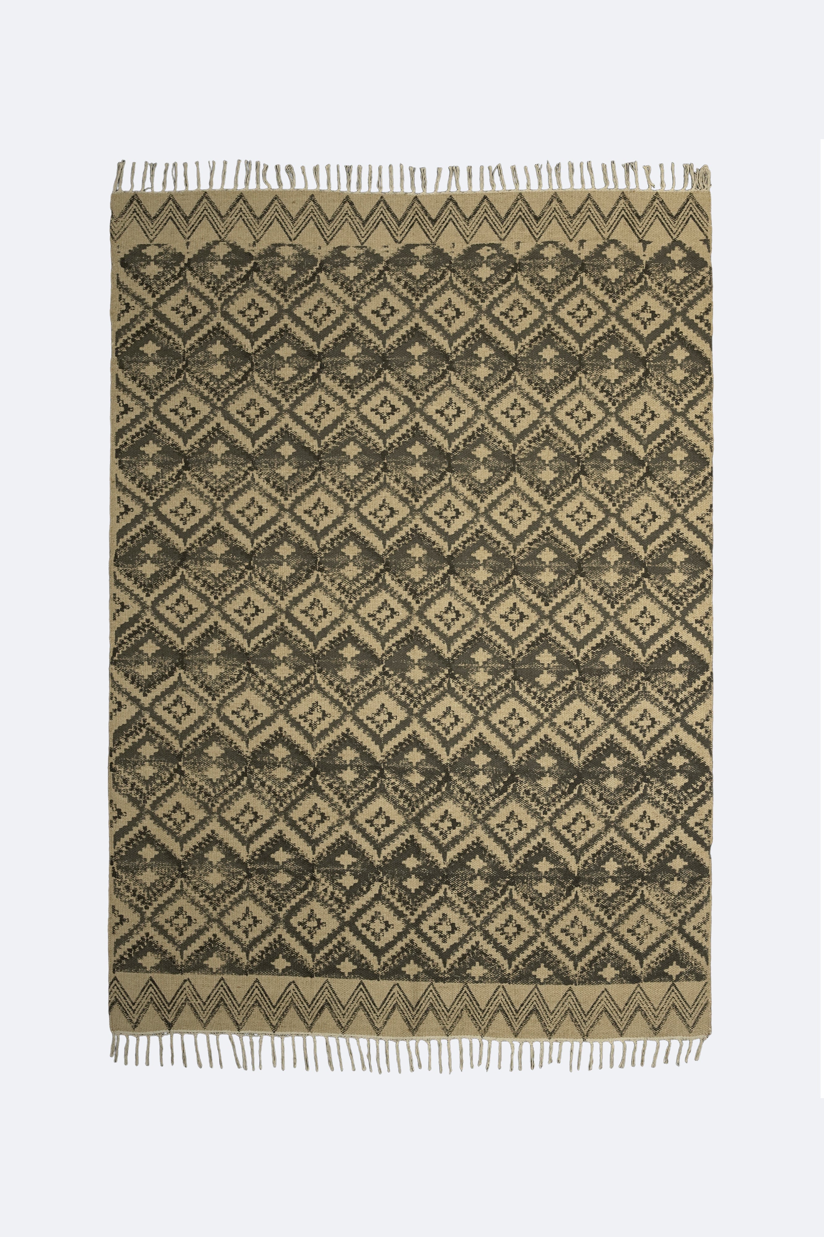 Tribal Diamond Block-Printed Jute Rug – Olive & Sand