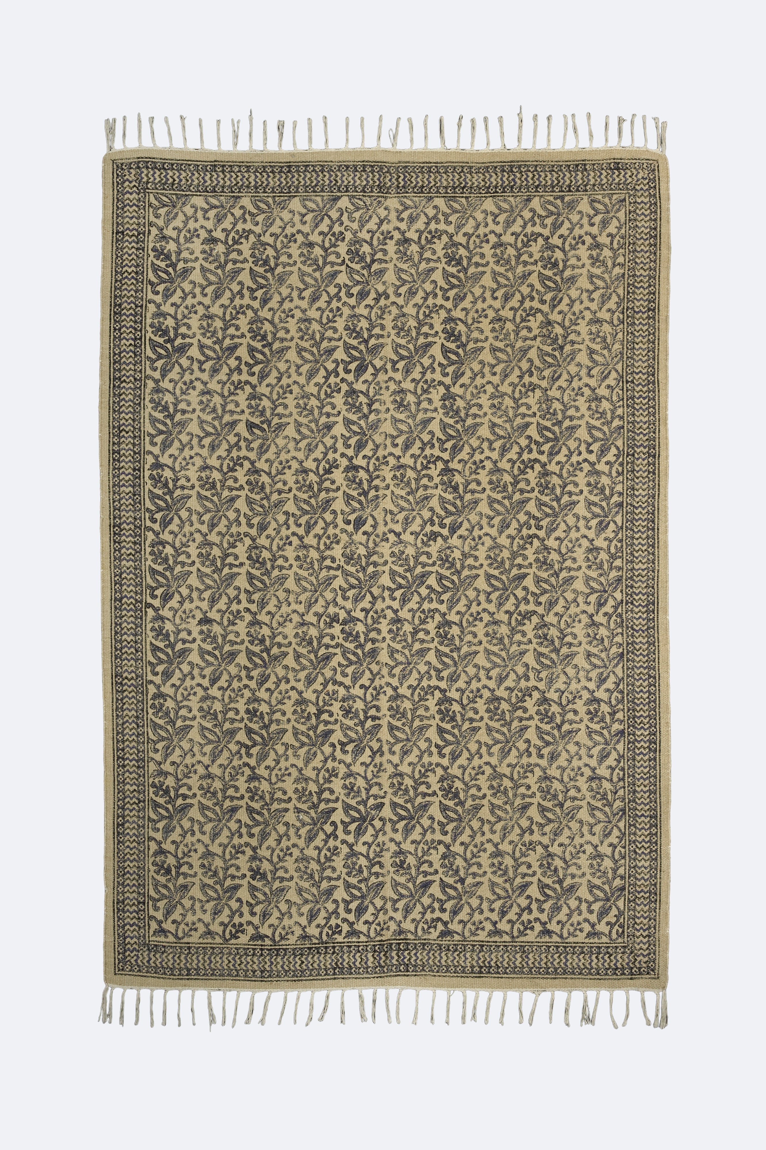 Floral Vine Block-Printed Jute Rug – Indigo & Sand