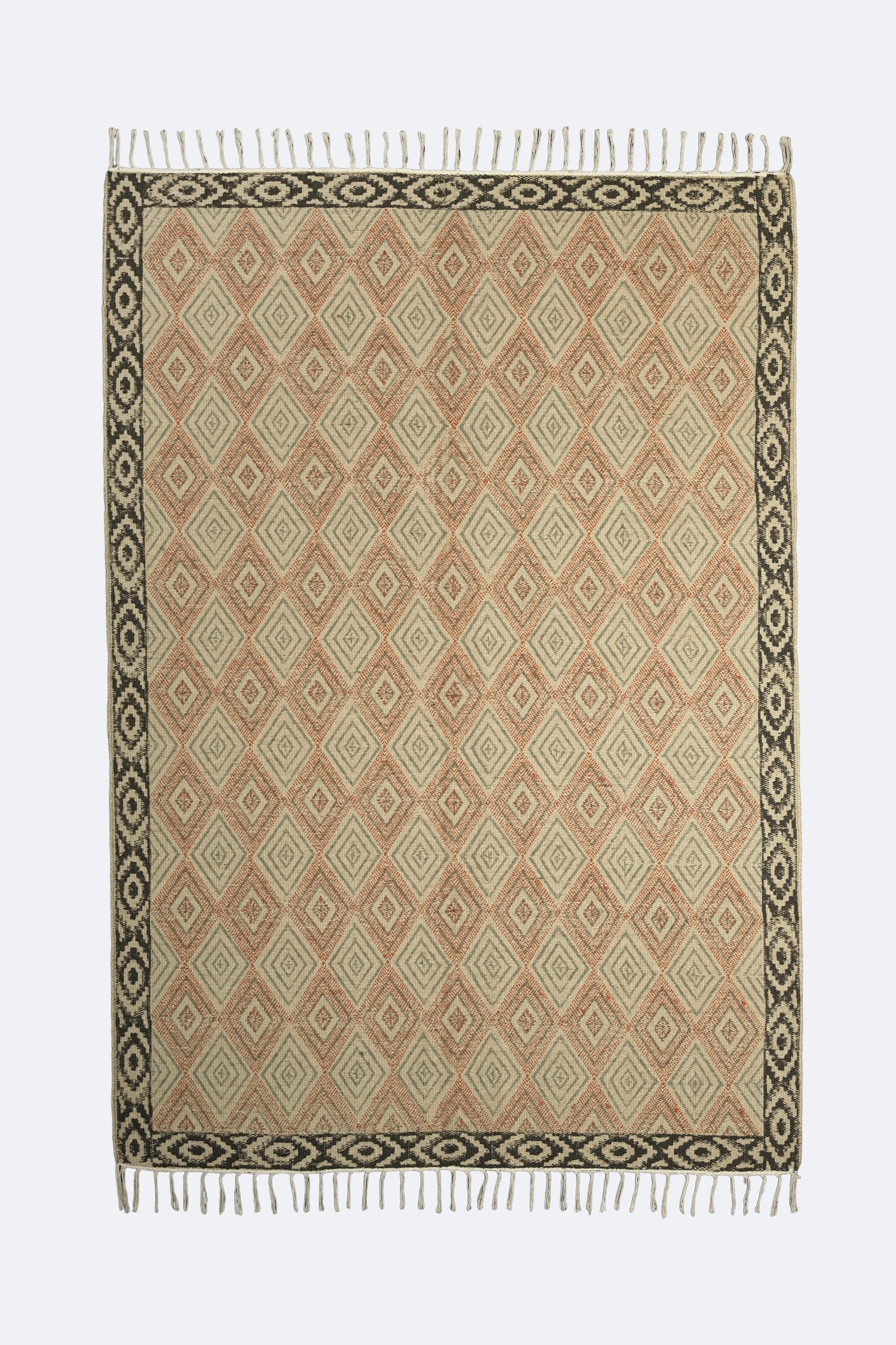 Diamond Block-Printed Jute Rug with Geometric Border – Rust & Black