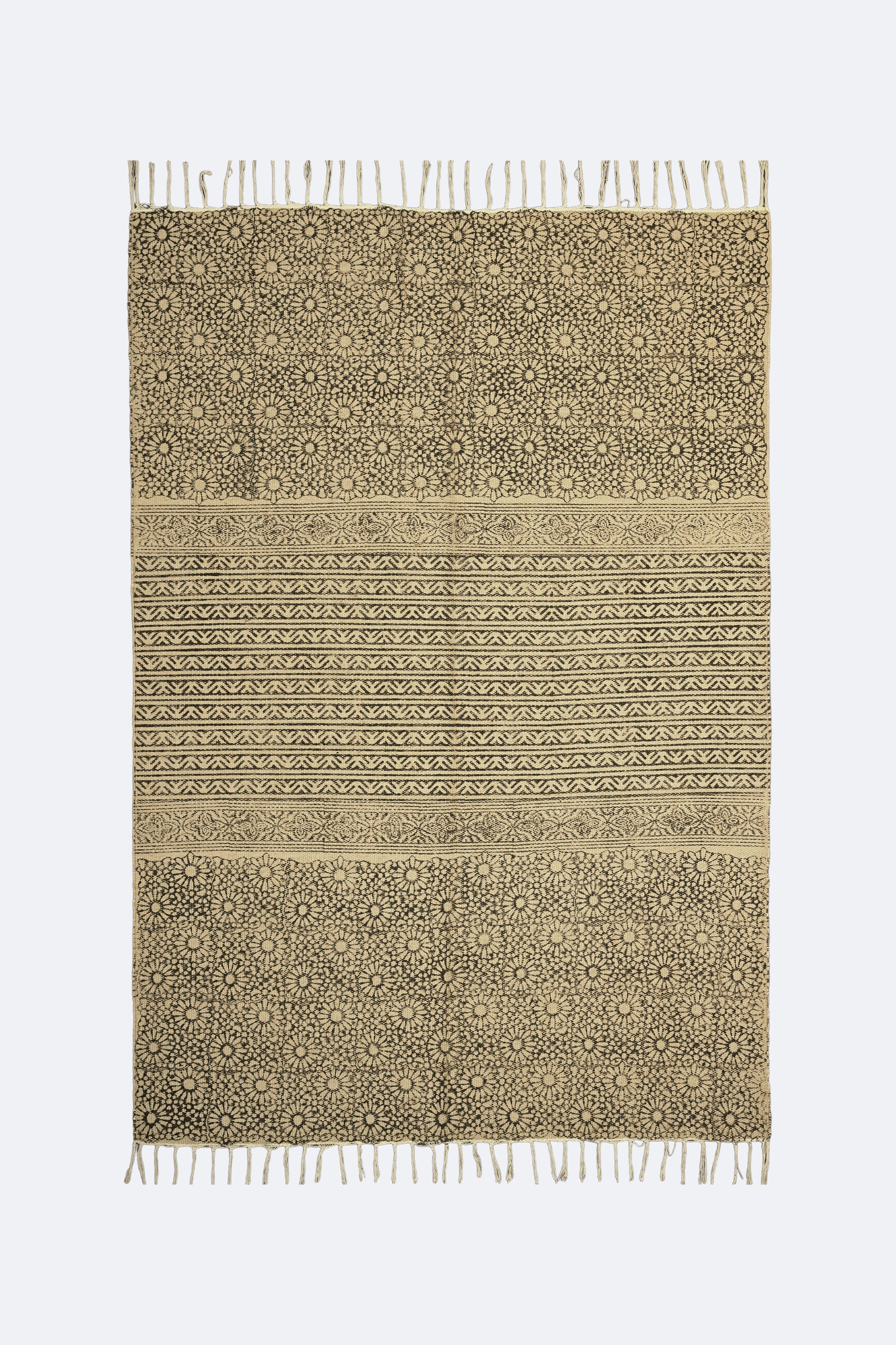Floral Stripe Block-Printed Jute Rug – Black & Sand