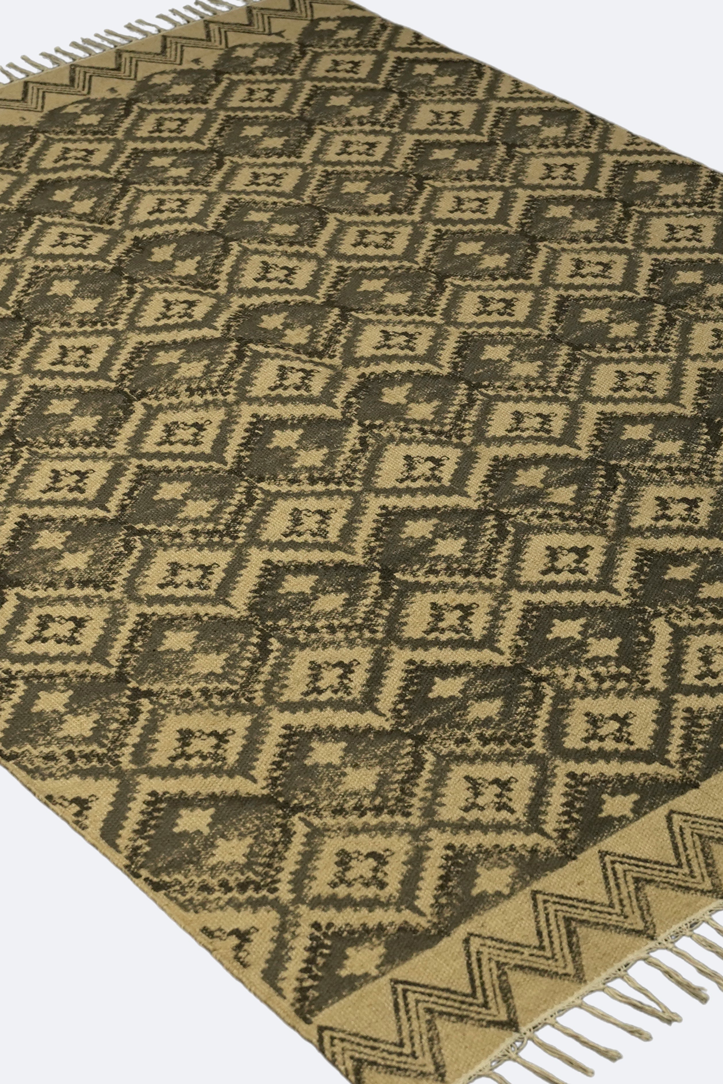 Tribal Diamond Block-Printed Jute Rug – Olive & Sand