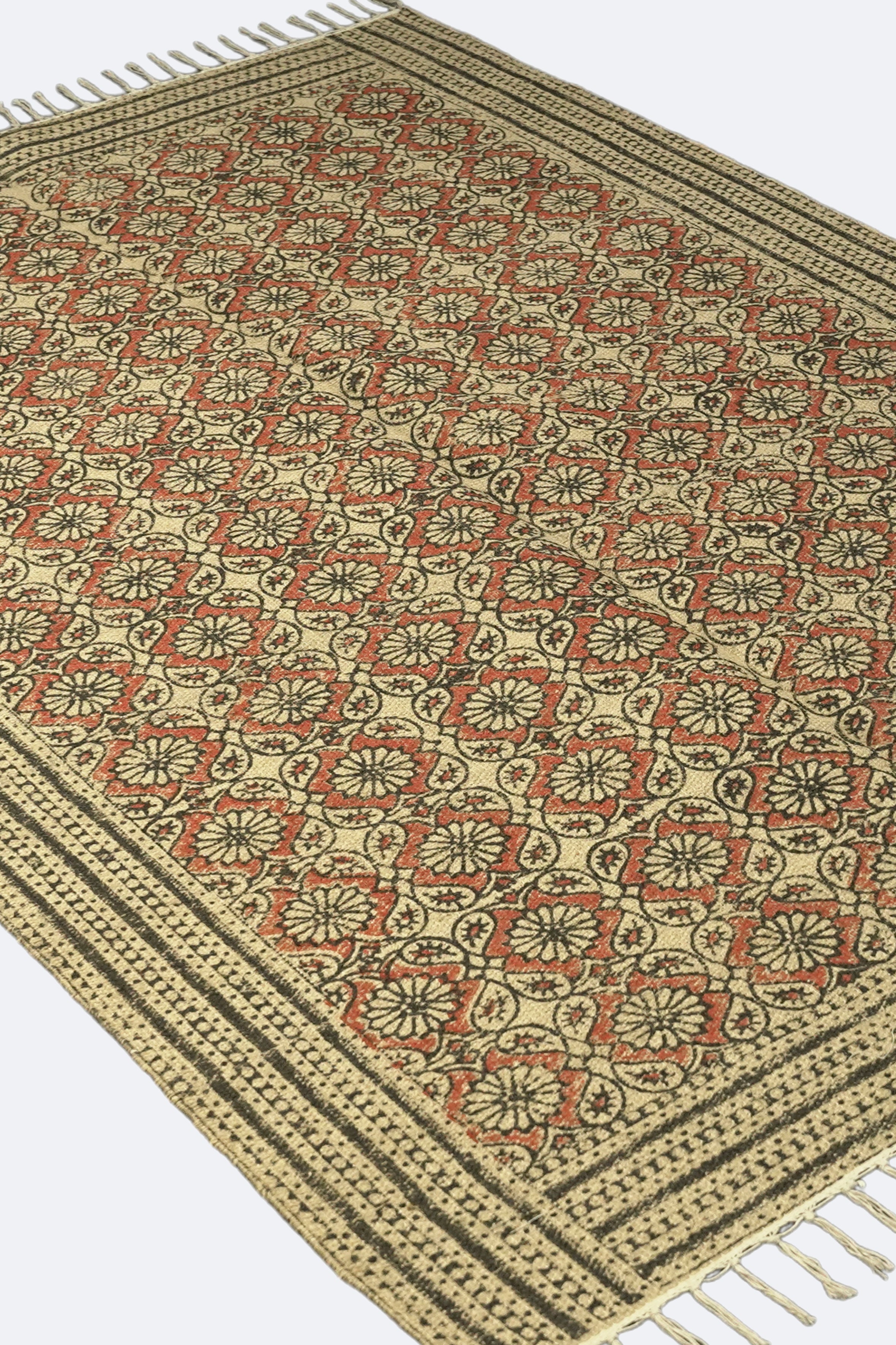 Floral Medallion Block-Printed Jute Rug – Rust, Black & Sand