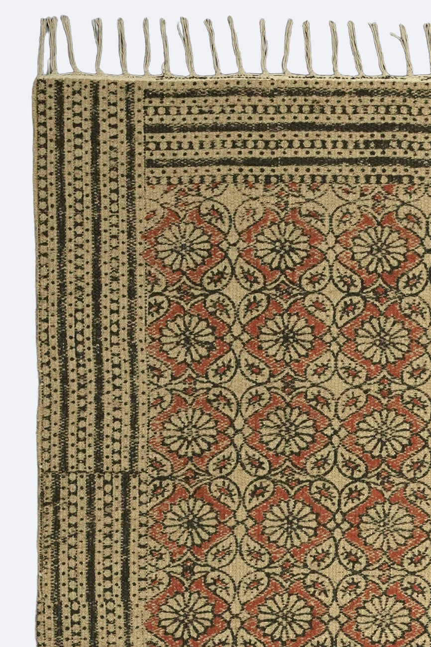 Floral Medallion Block-Printed Jute Rug – Rust, Black & Sand