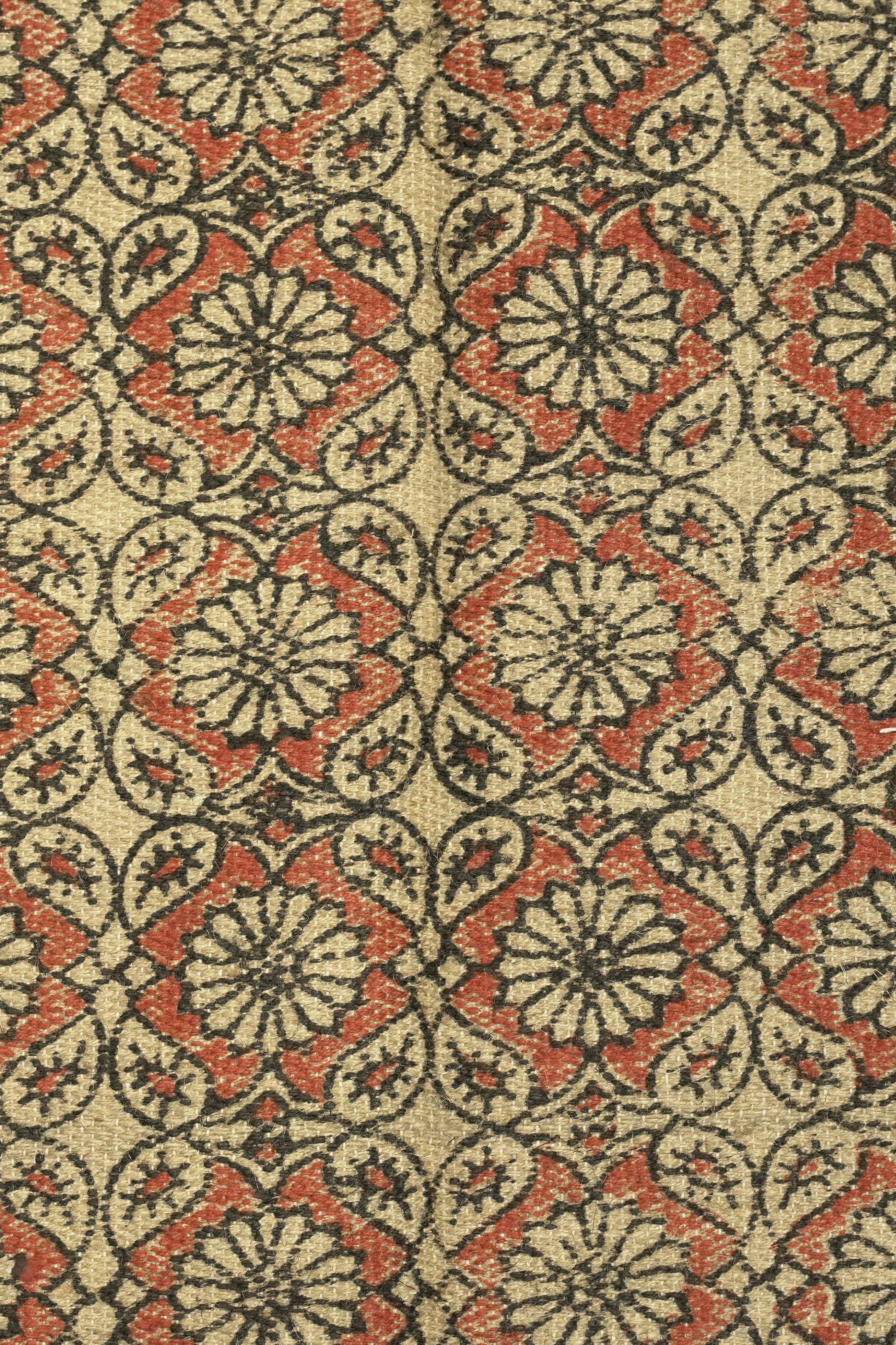 Floral Medallion Block-Printed Jute Rug – Rust, Black & Sand