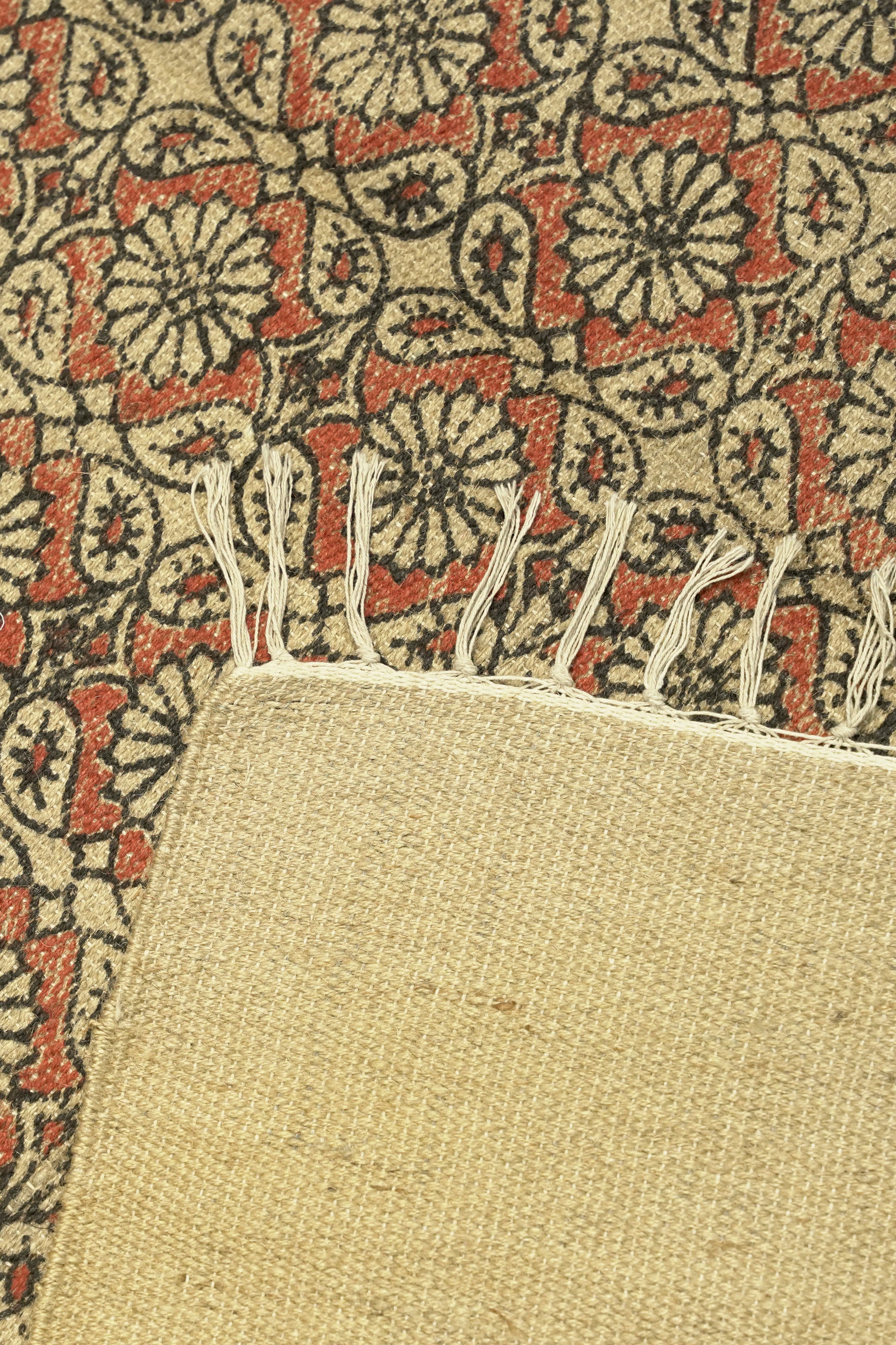 Floral Medallion Block-Printed Jute Rug – Rust, Black & Sand