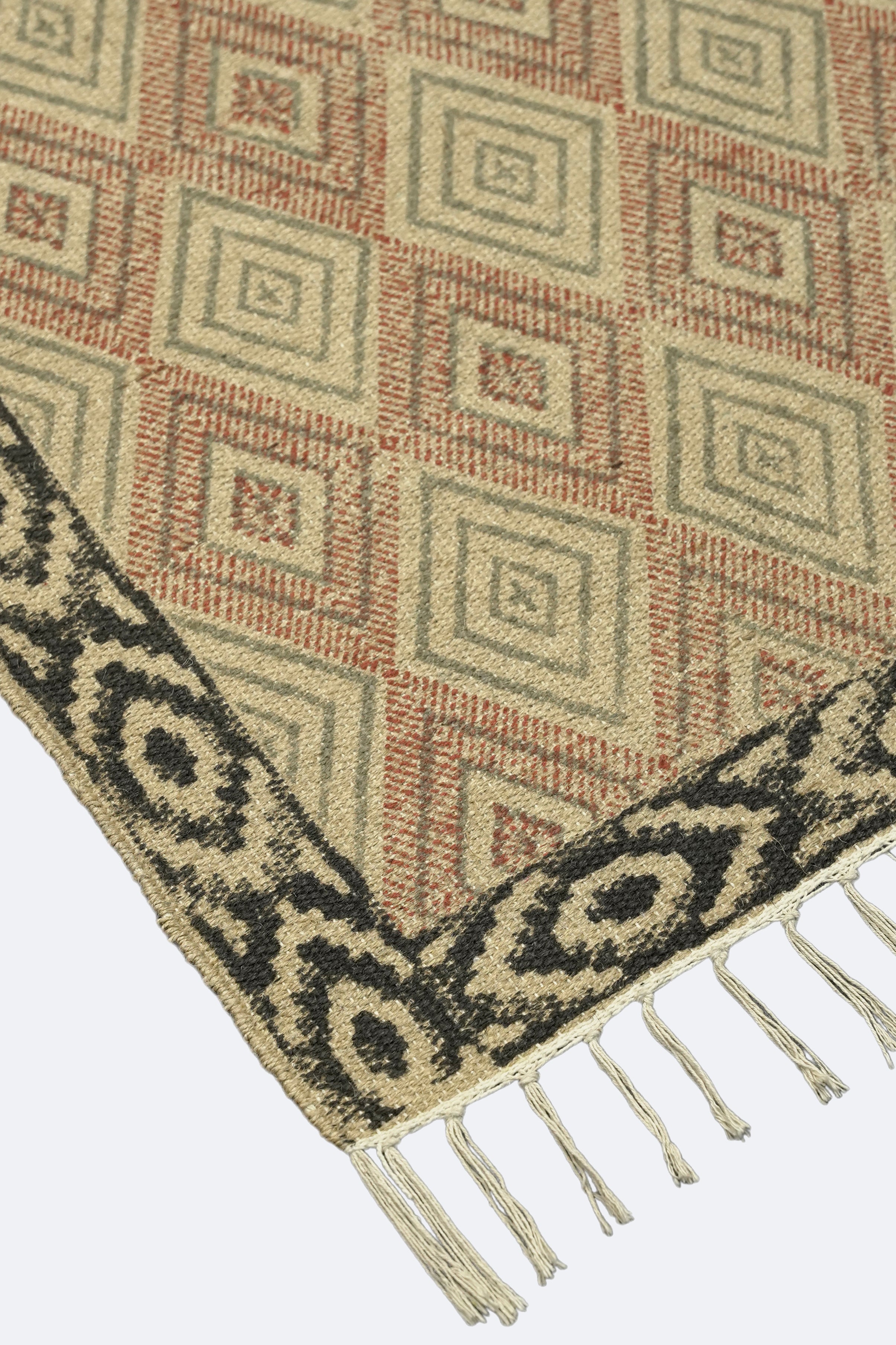 Diamond Block-Printed Jute Rug with Geometric Border – Rust & Black