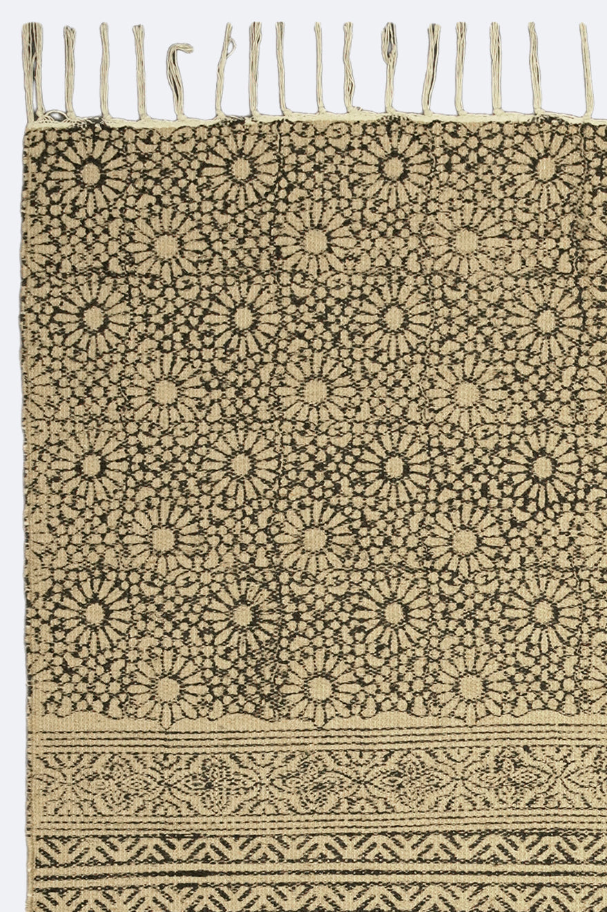 Floral Stripe Block-Printed Jute Rug – Black & Sand