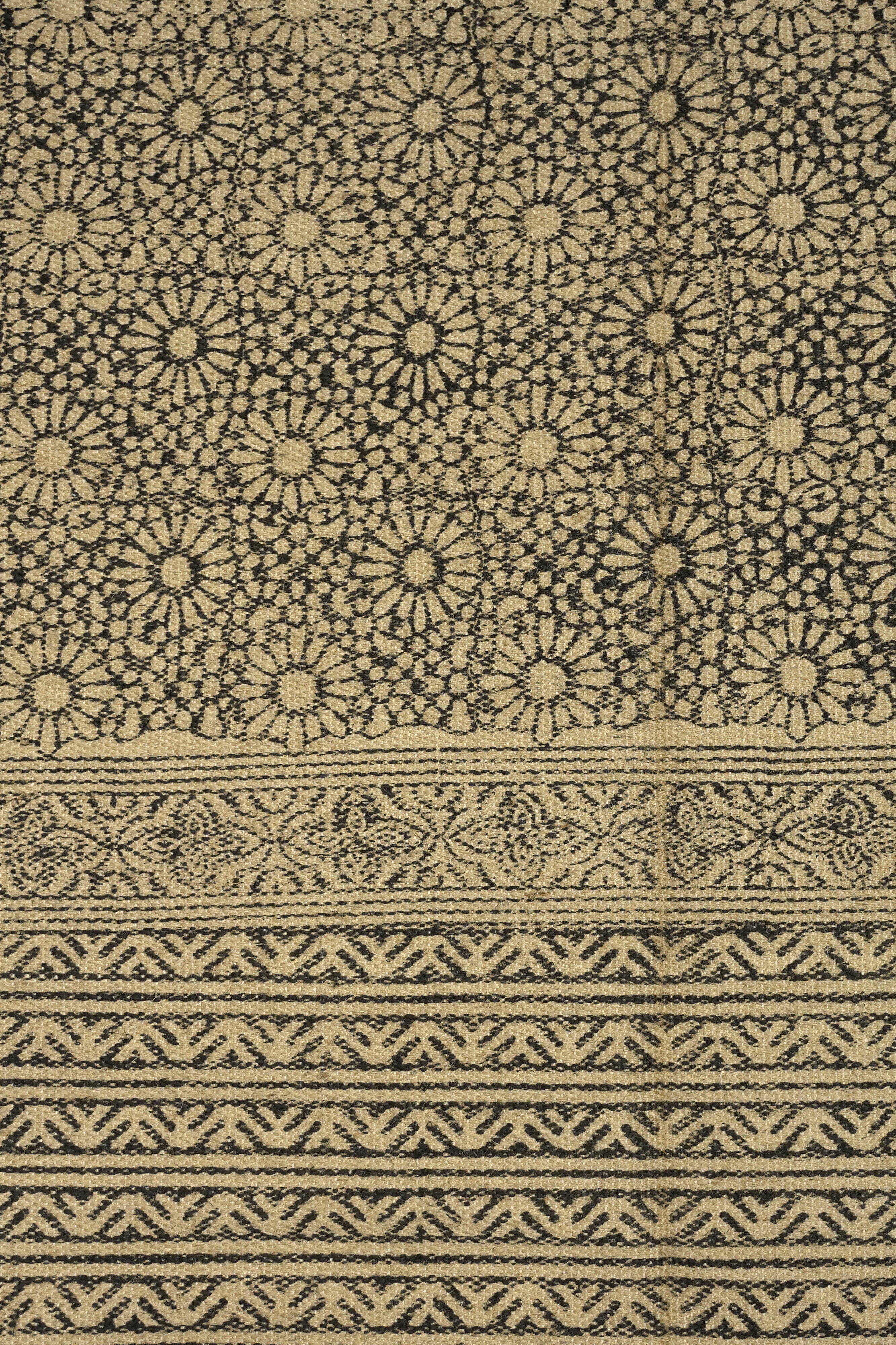 Floral Stripe Block-Printed Jute Rug – Black & Sand