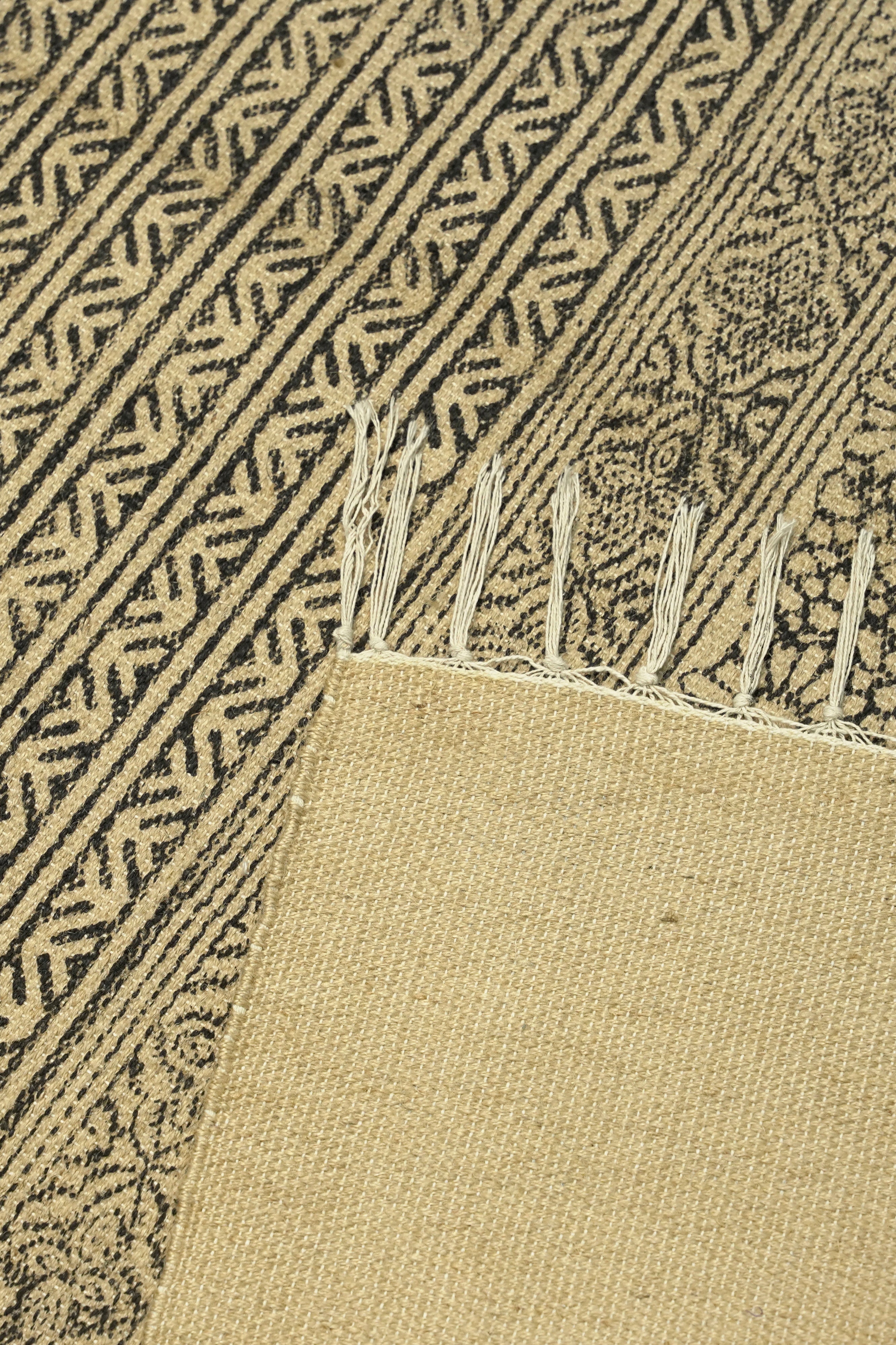 Floral Stripe Block-Printed Jute Rug – Black & Sand