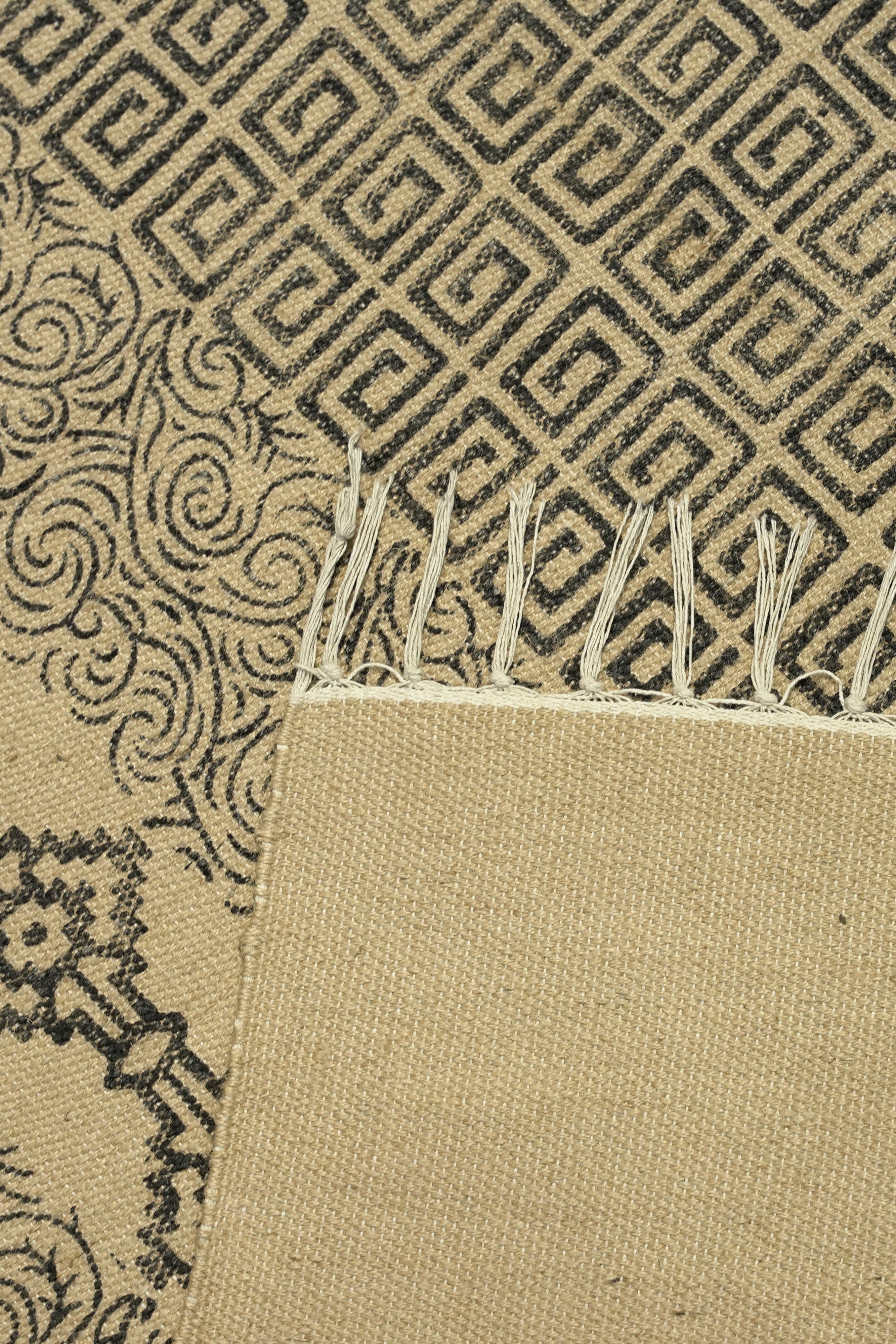Geometric & Swirl Block Jute Rug – Charcoal on Natural