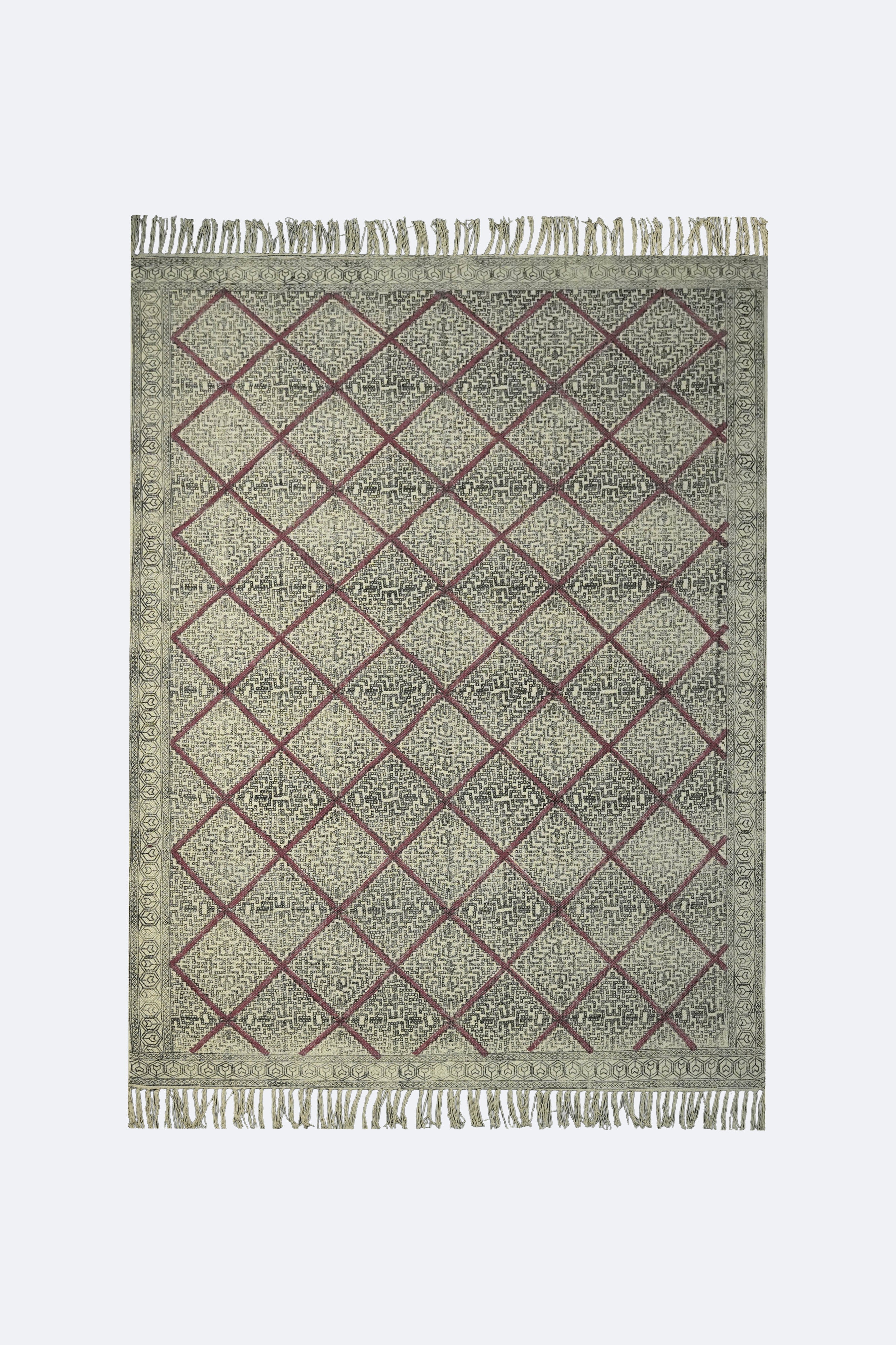 Crimson Lattice Block Printed Jute Rug