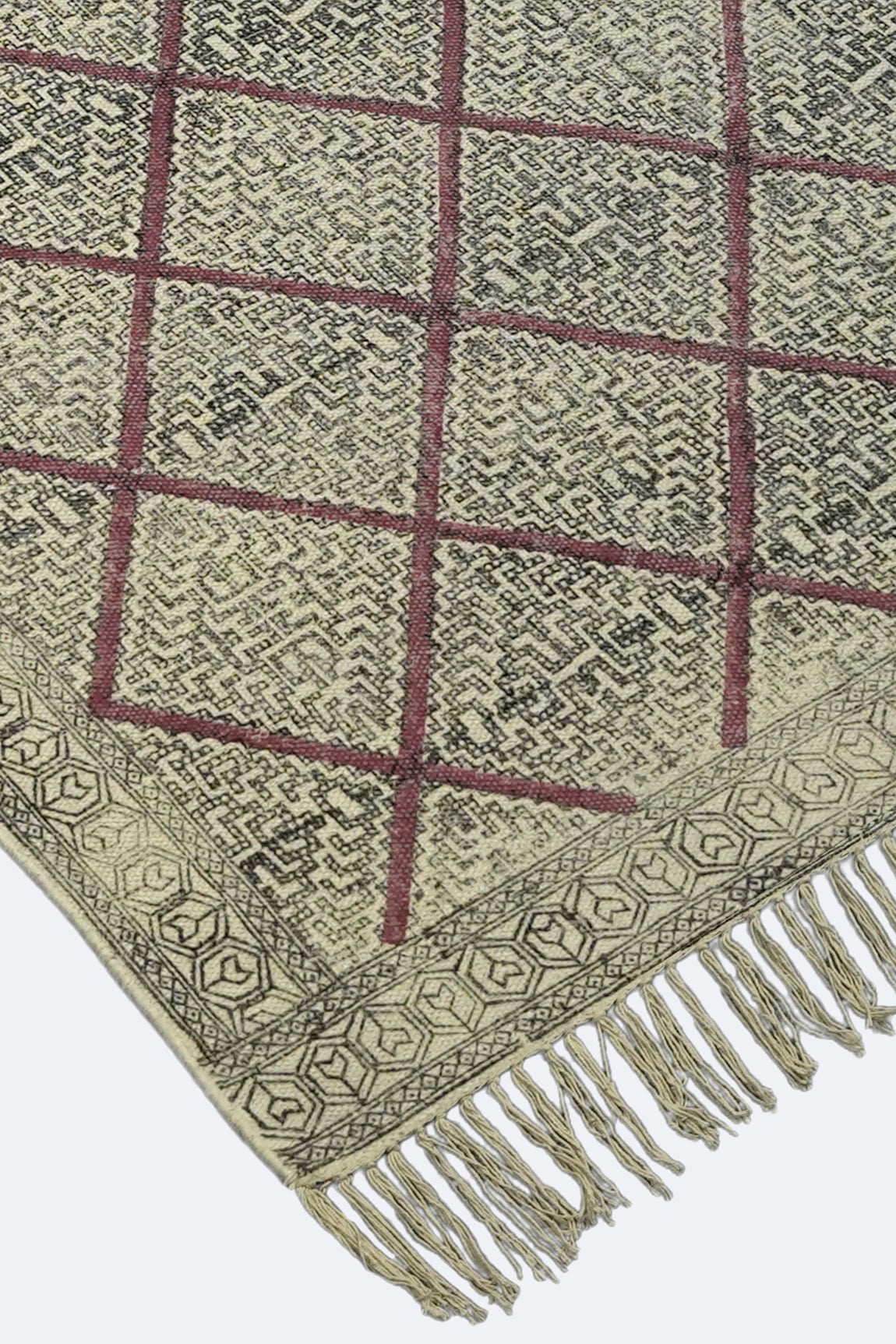 Crimson Lattice Block Printed Jute Rug