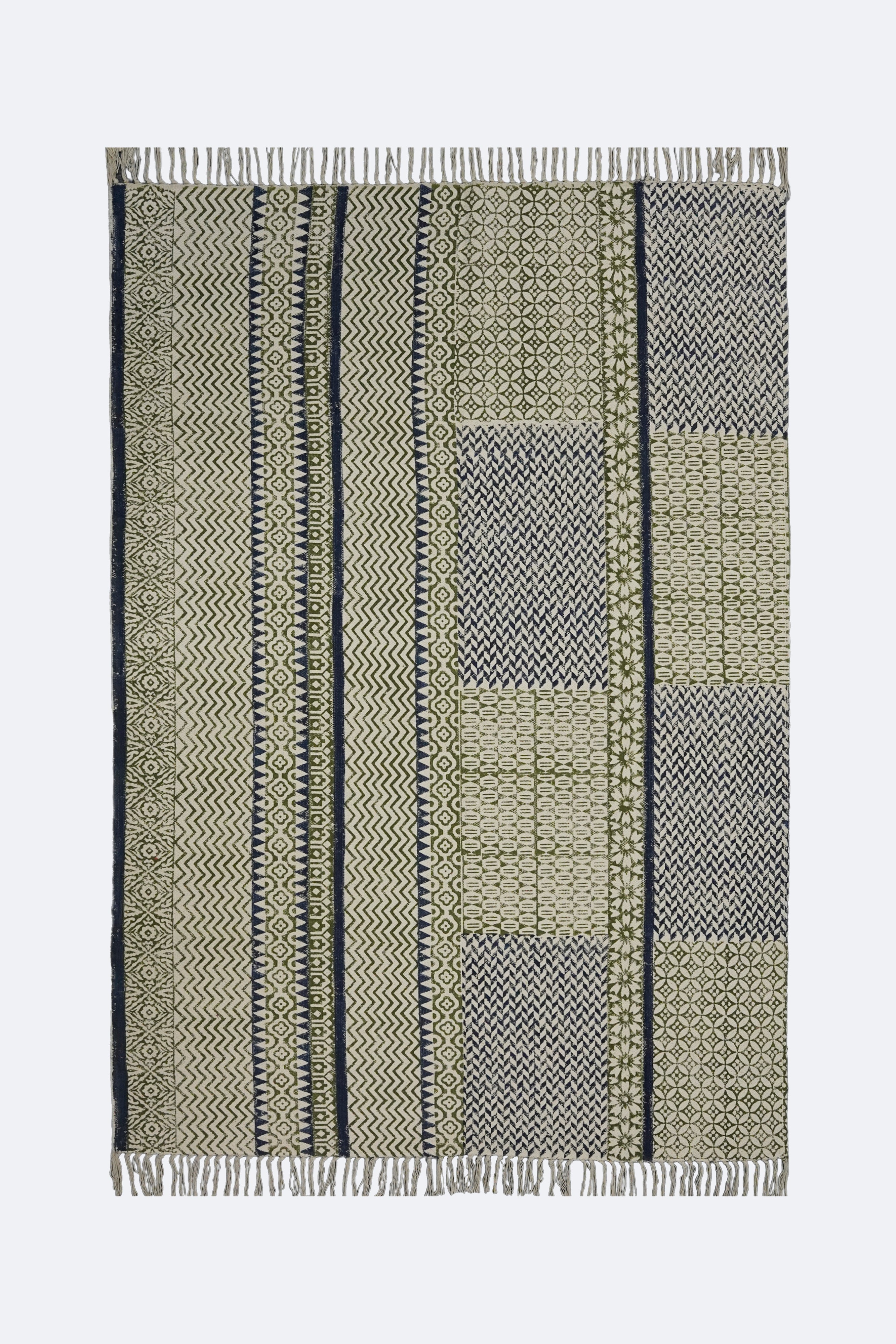 Olive & Indigo Patchwork Block Printed Jute Rug